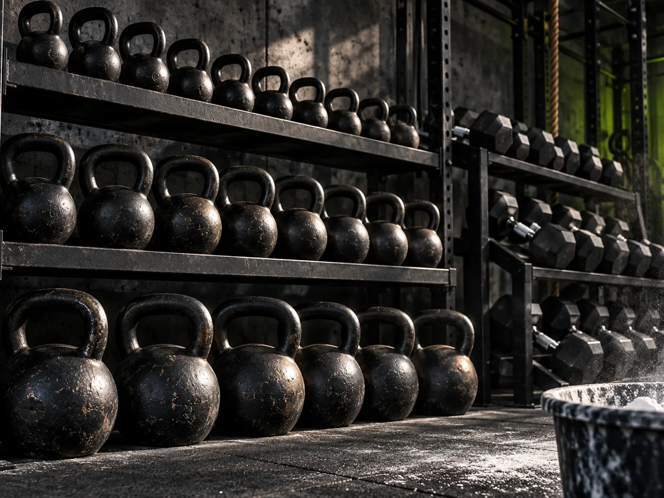 Wall of kettlebells and dumbbells