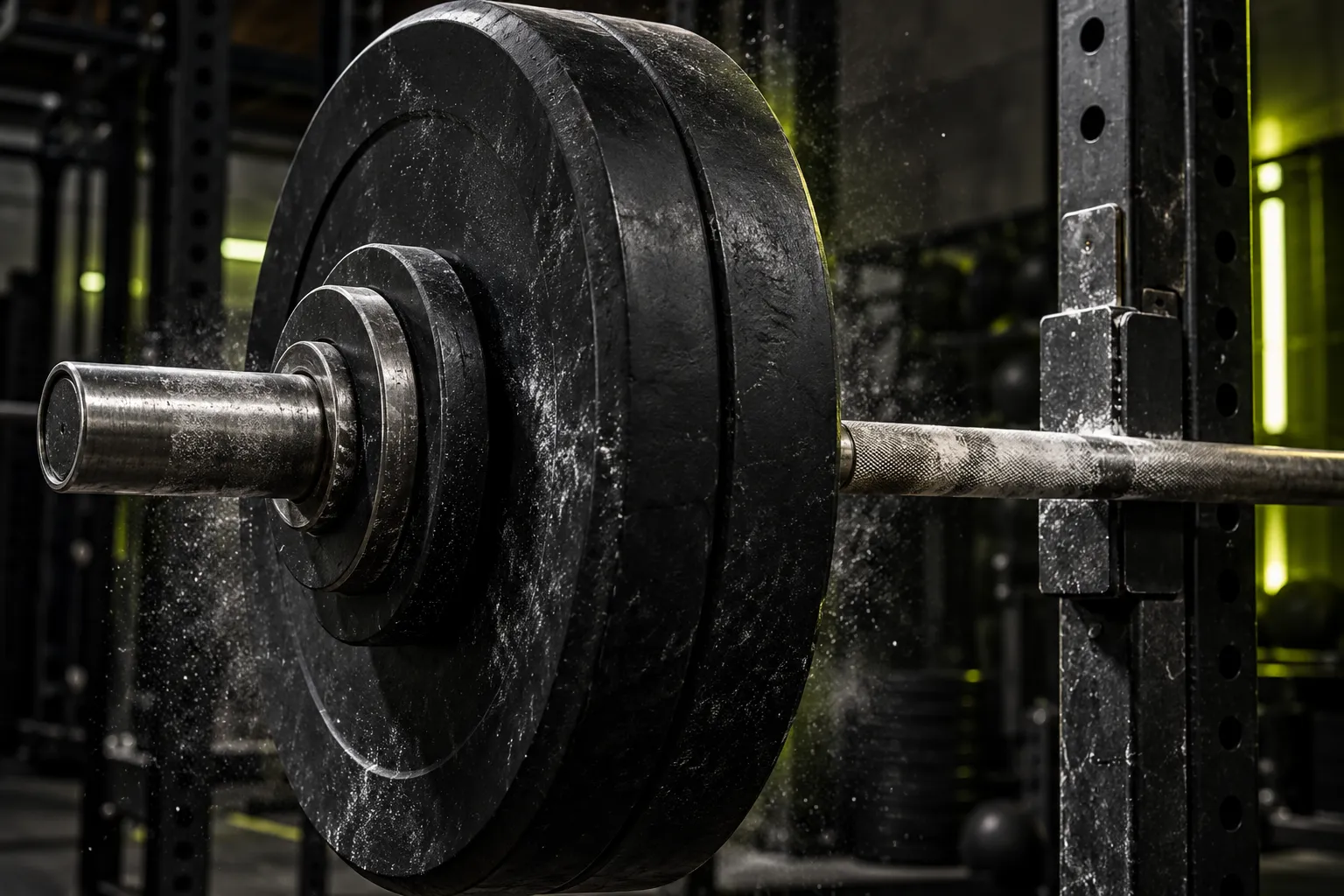Close detail of a steel barbell loaded with black bumper plates and small fractional plates on a rack, chalk marks…