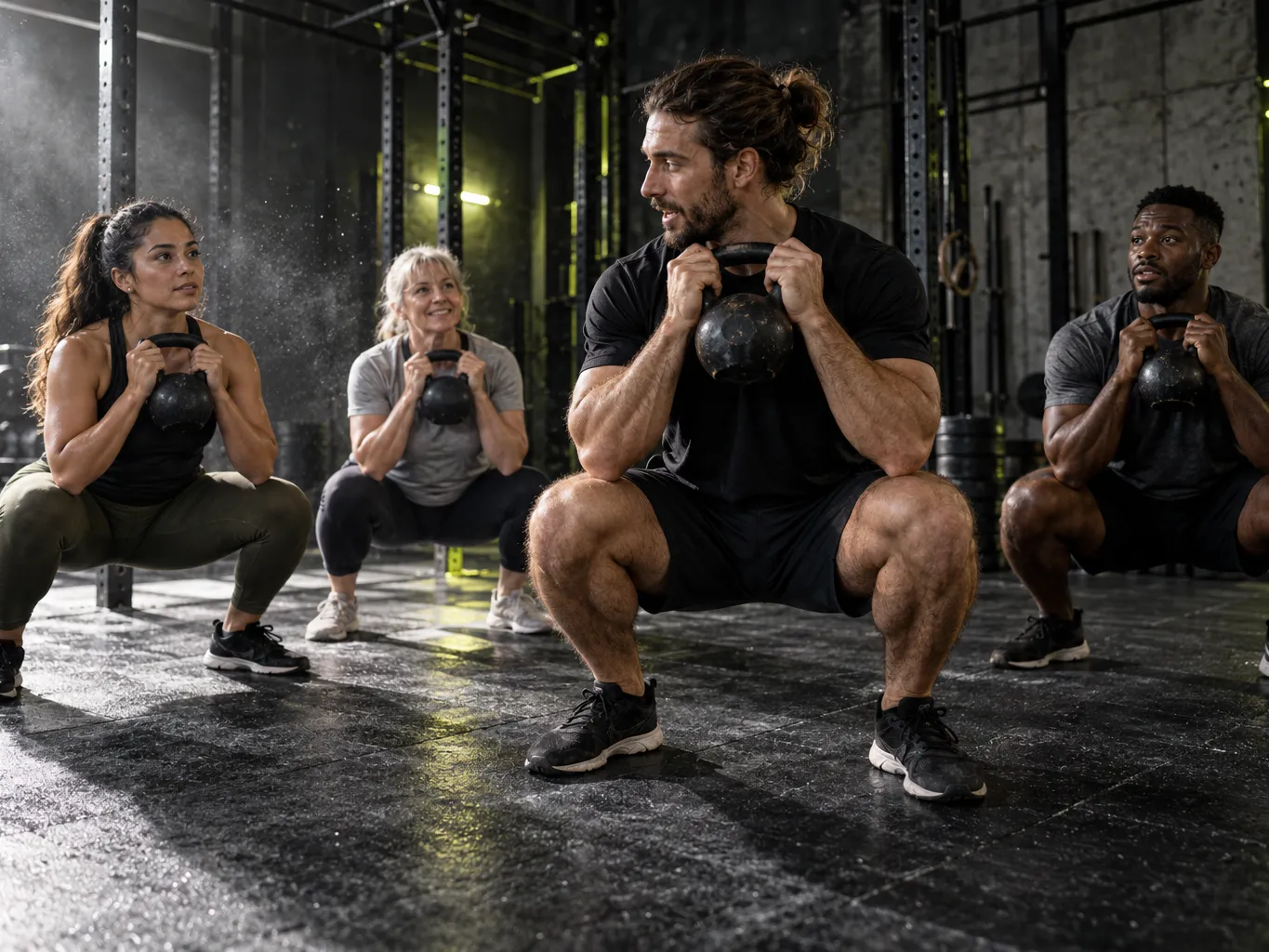 Coach demonstrating a goblet squat to a small group of three beginners of different ages and backgrounds in a dark…