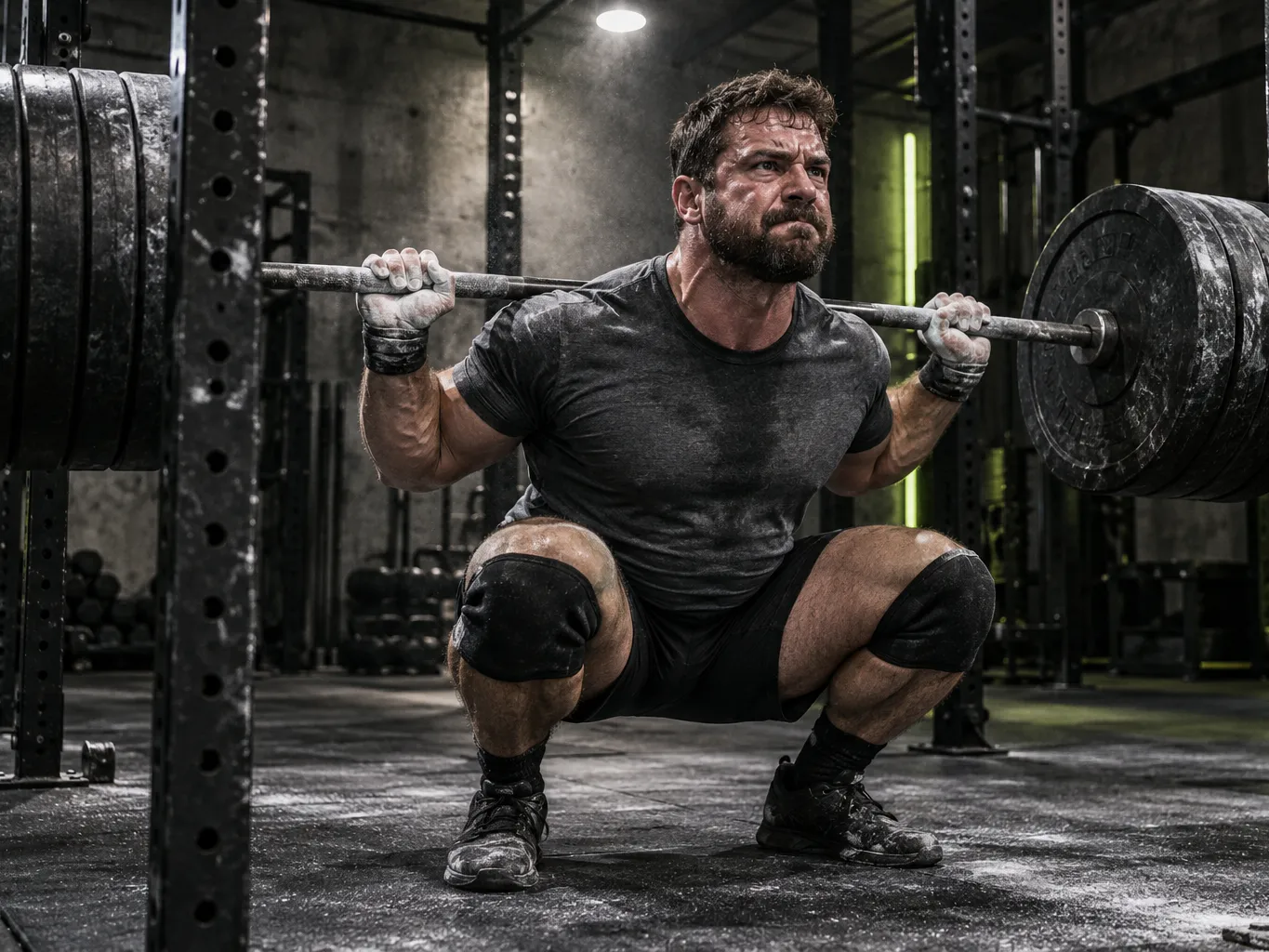 Man in his thirties with a beard performing a heavy back squat in a steel power rack, intense focus, chalk on hands…