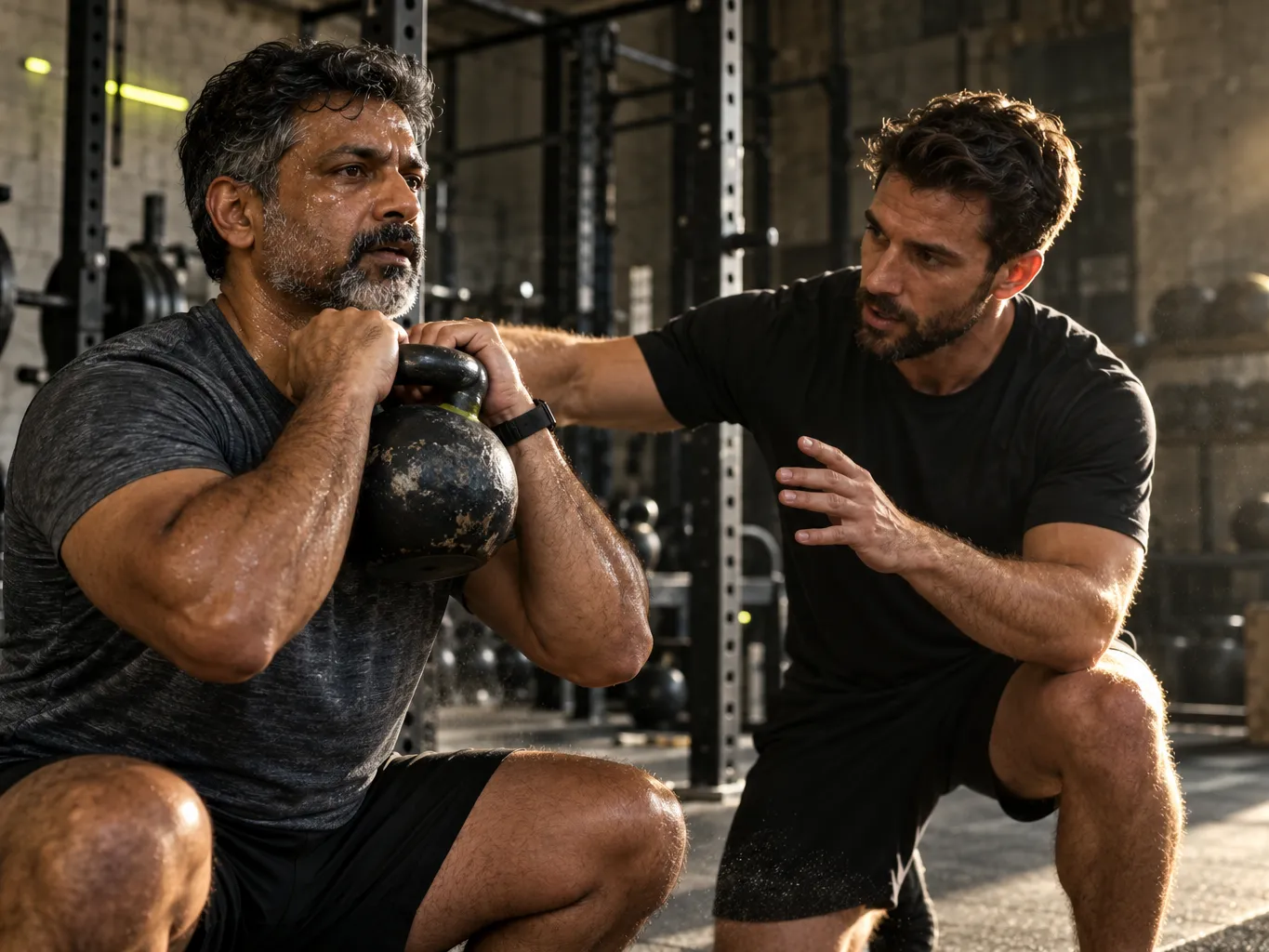 Coach in a black t-shirt giving one-on-one cues to a middle-aged South Asian man holding a kettlebell in the rack…