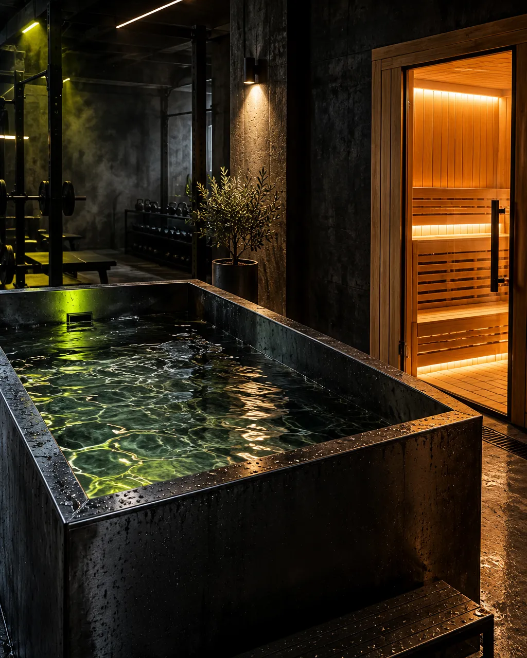 Dimly lit gym recovery room with a black steel cold plunge tub filled with water, wooden infrared sauna door glowing…