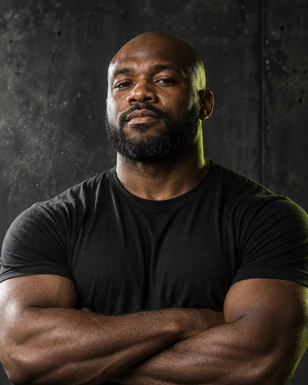 A powerfully built Black man strength coach in his late thirties with a shaved head and short beard, black t-shirt,…