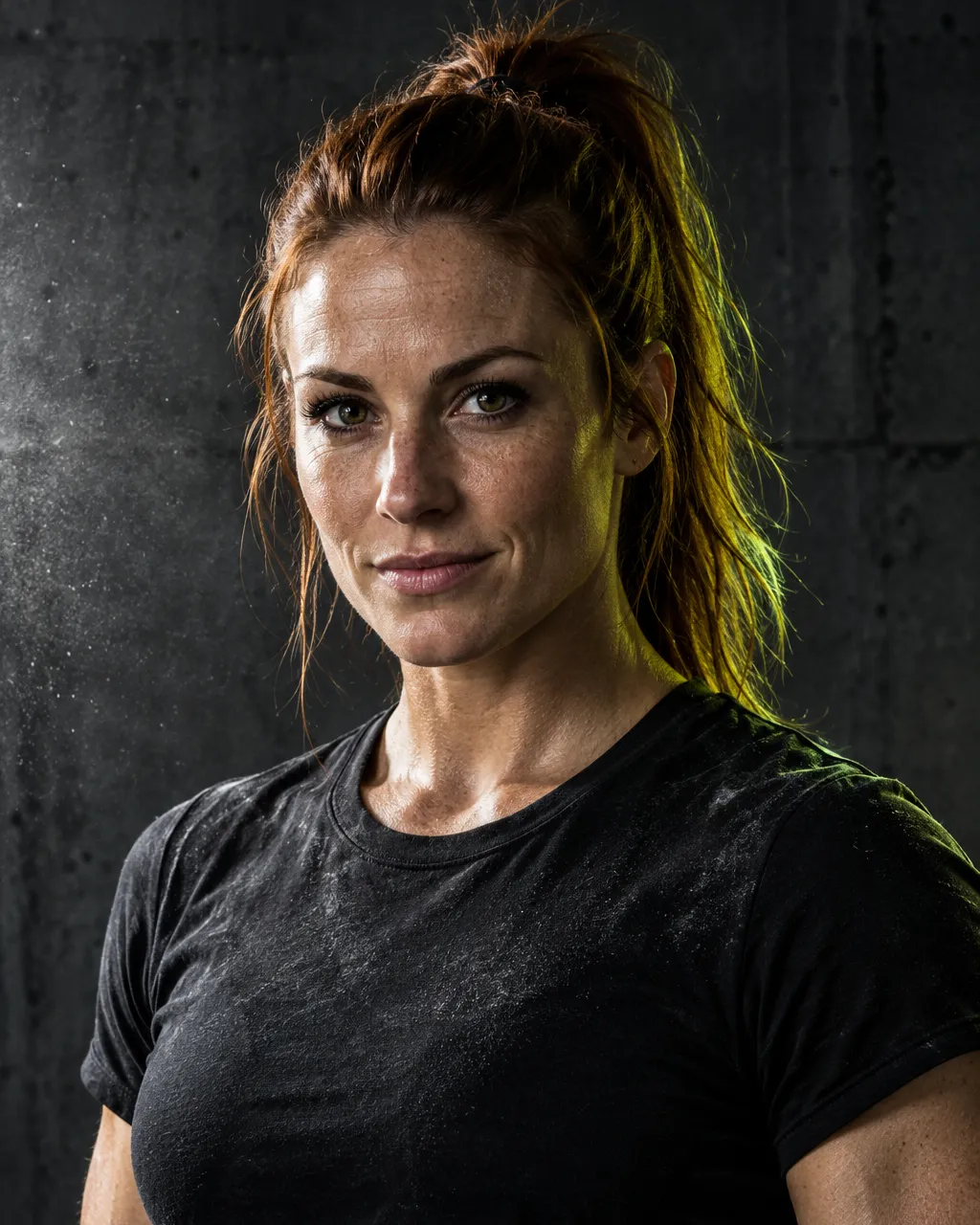 A lean white woman conditioning coach in her mid thirties with auburn hair in a high ponytail, black t-shirt,…