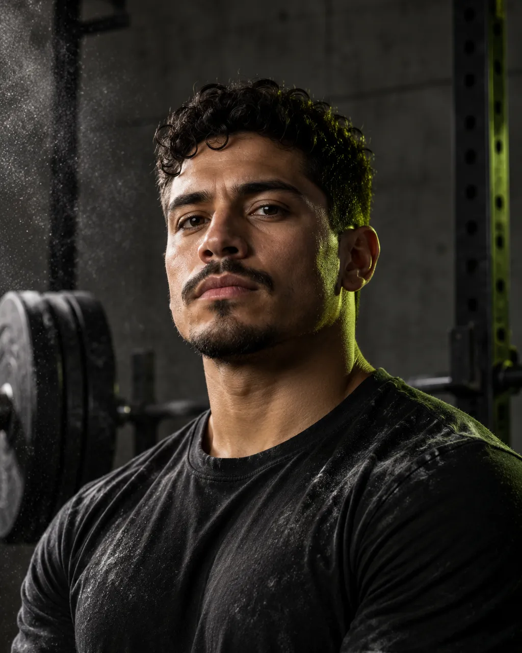 A Latino man Olympic lifting coach in his late twenties with short curly hair, black t-shirt, calm focused…