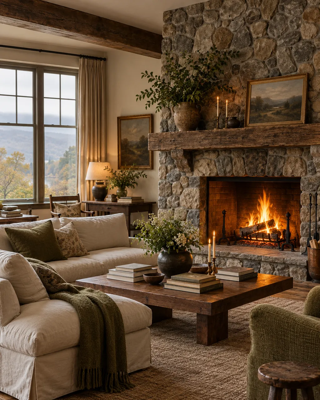 A country hotel living room with a large fieldstone fireplace with a crackling fire, wide pine floorboards, a…