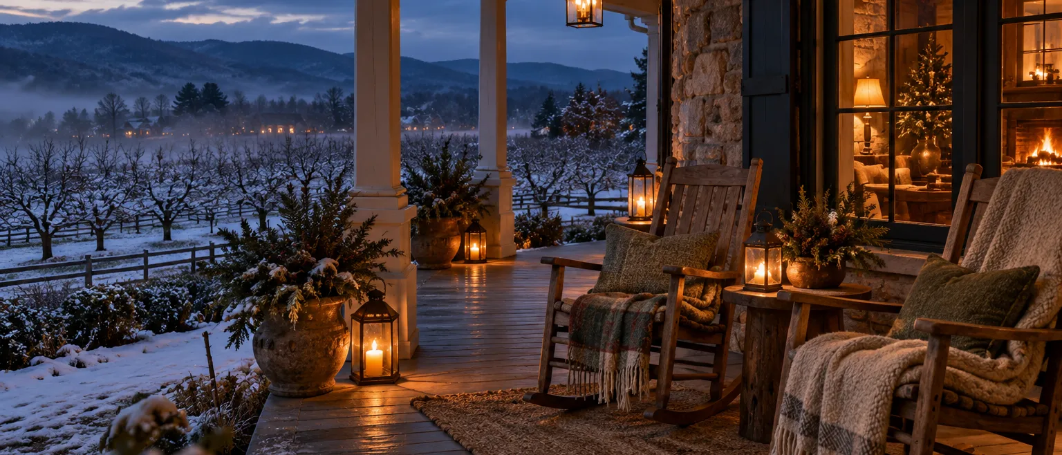 A farmhouse hotel porch at blue hour in early winter, two empty rocking chairs with wool throws