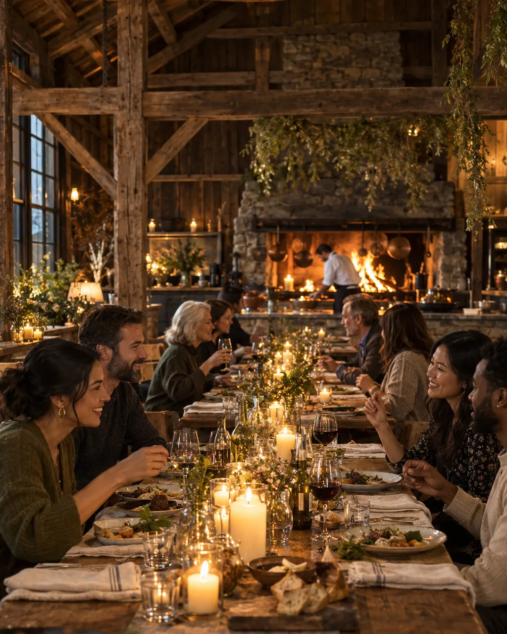 Photograph of a candlelit dinner in a restored dairy barn restaurant, long wooden tables with linen napkins, guests…