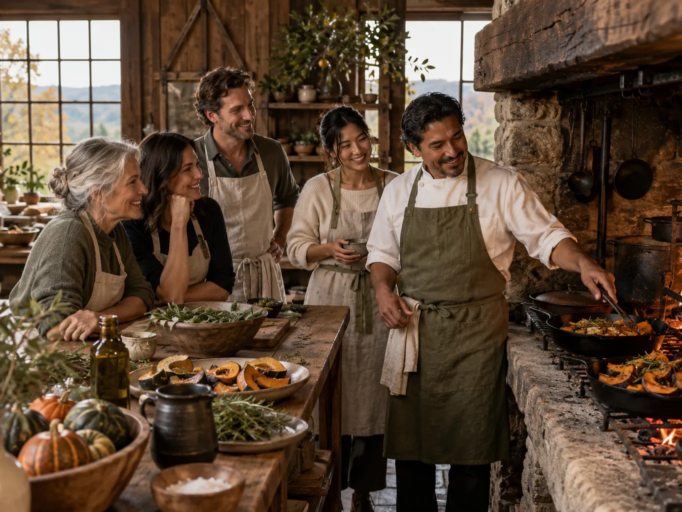 Photograph of a hearth cooking class in a timber barn kitchen, a Latino chef in his forties in a linen apron…