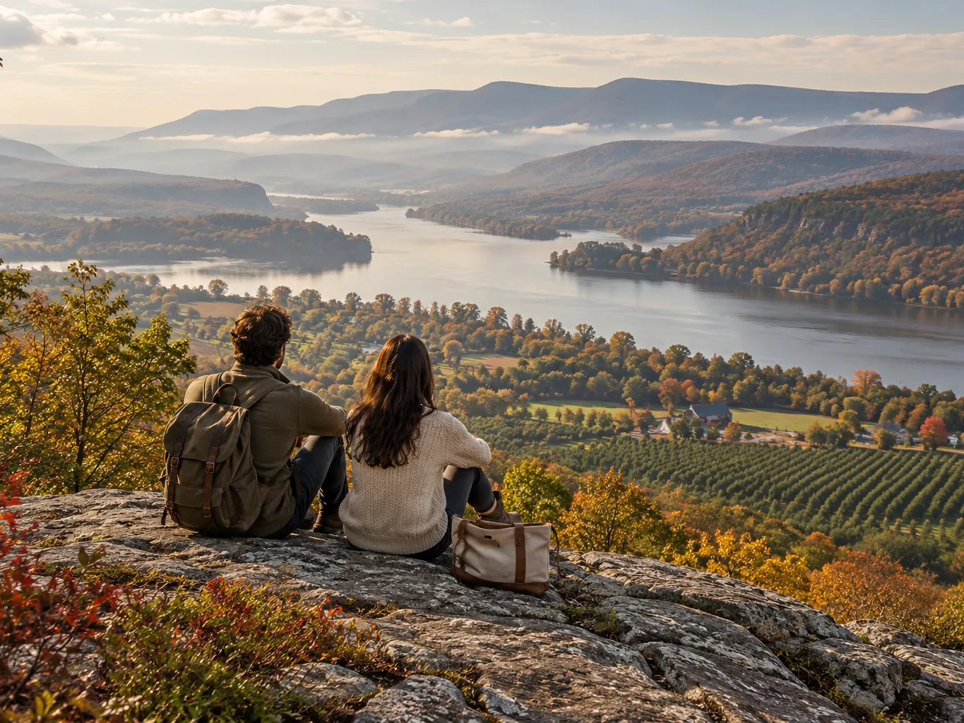 Two hikers seen from behind on a rocky ledge overlooking the Hudson River valley and the Catskill Mountains in early…