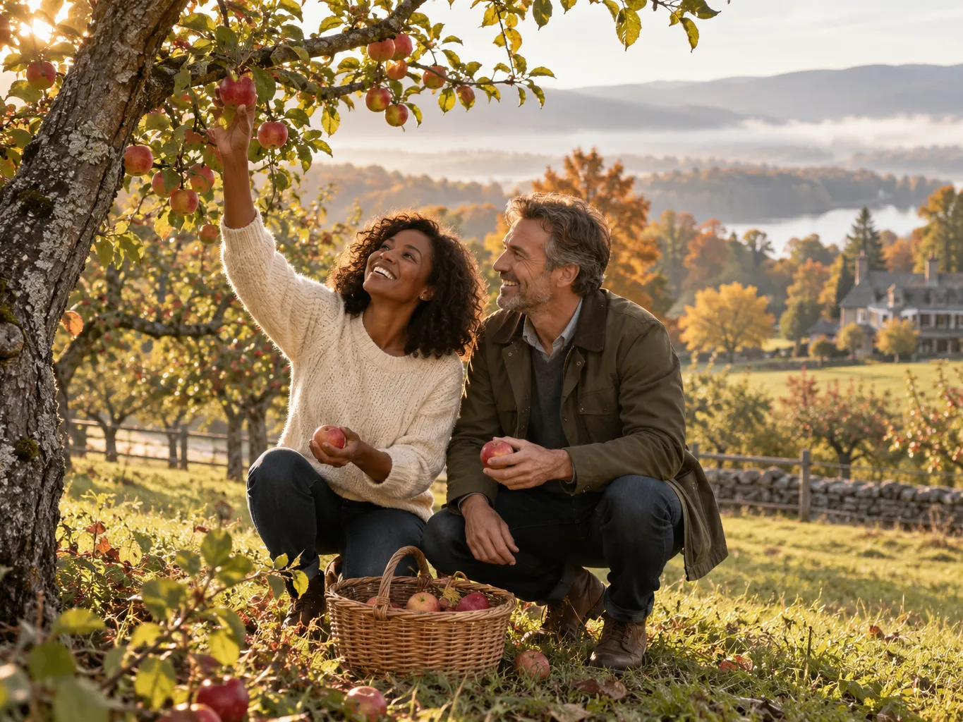 Photograph of a couple in their forties, a Black woman in a cream sweater and a white man in an olive jacket,…
