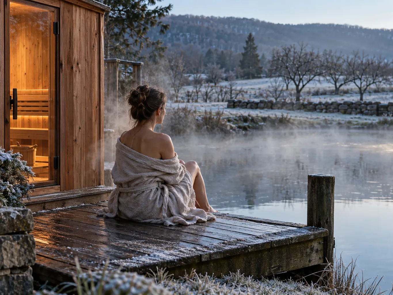 Photograph of a woman in her thirties wrapped in a linen robe sitting on a wooden dock beside a cedar sauna, steam…