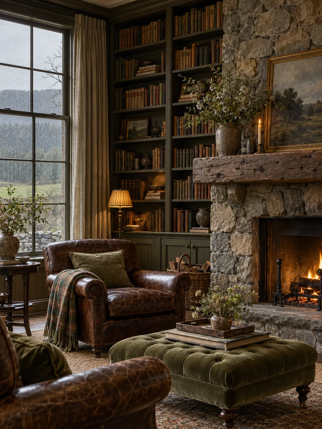 Library with a stone fireplace and worn leather armchairs