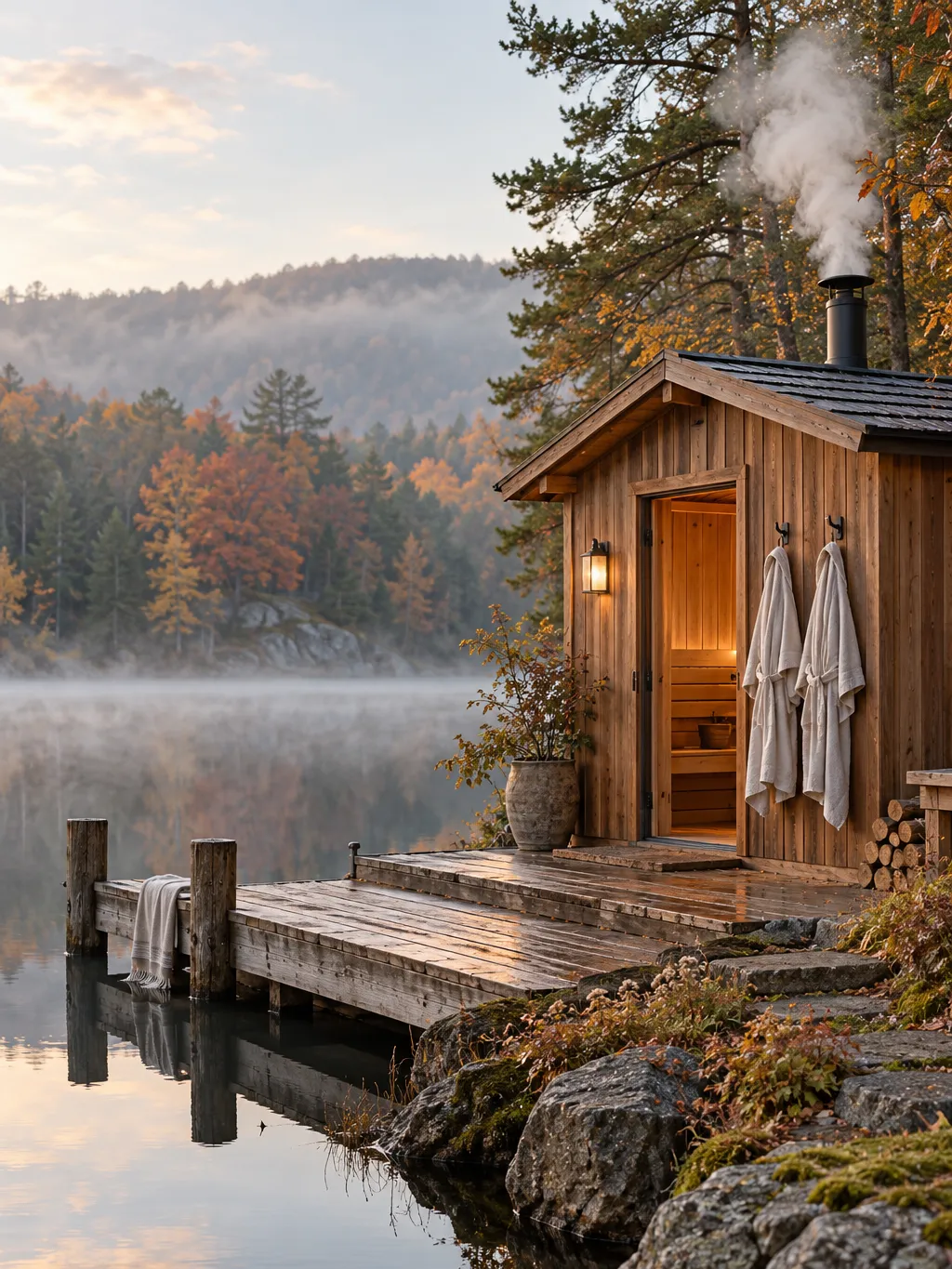 Photograph of a small cedar wood-fired sauna cabin beside a still pond at early morning, mist on the water, steam…
