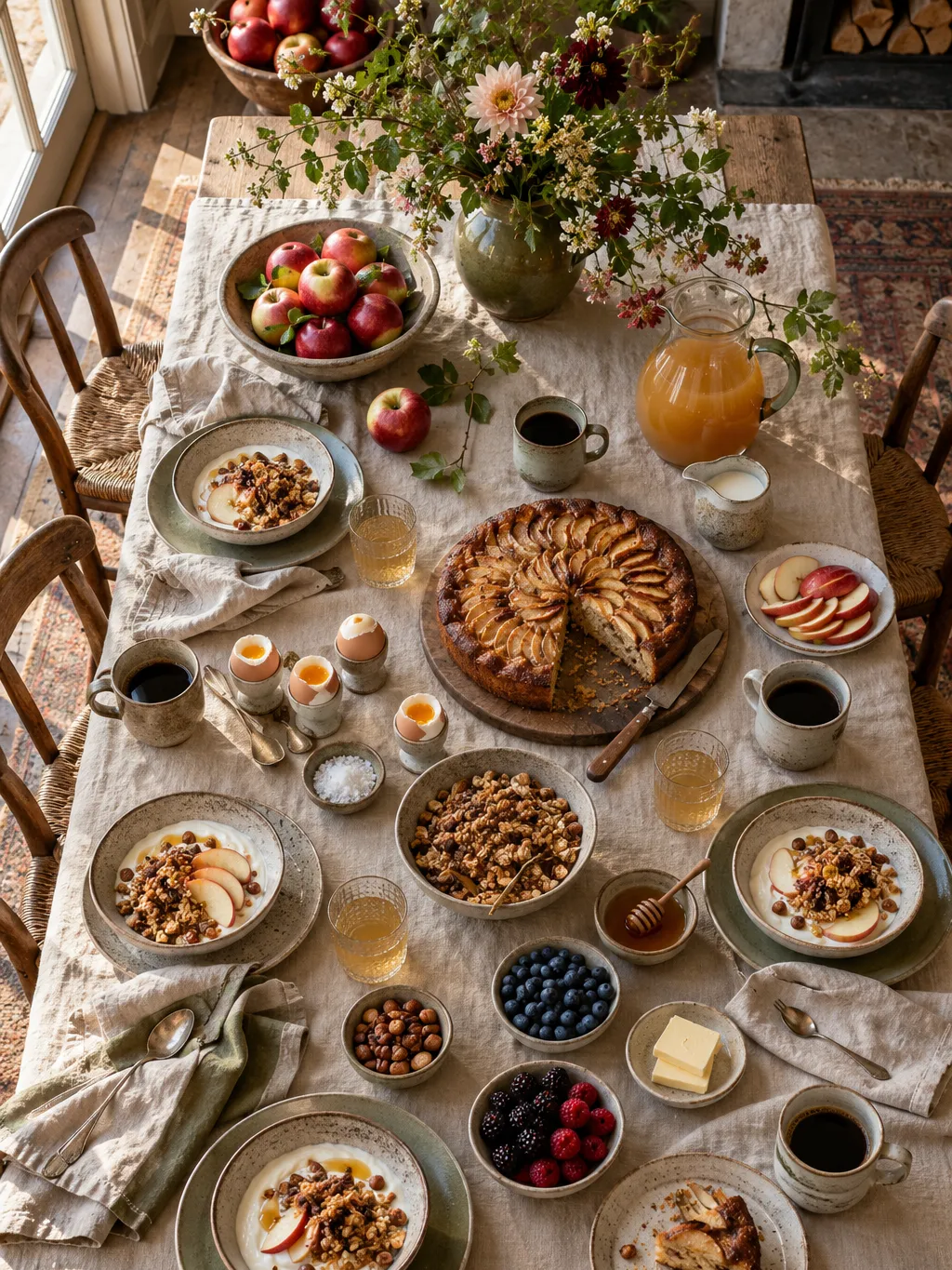 Long breakfast table with linen and seasonal fruit