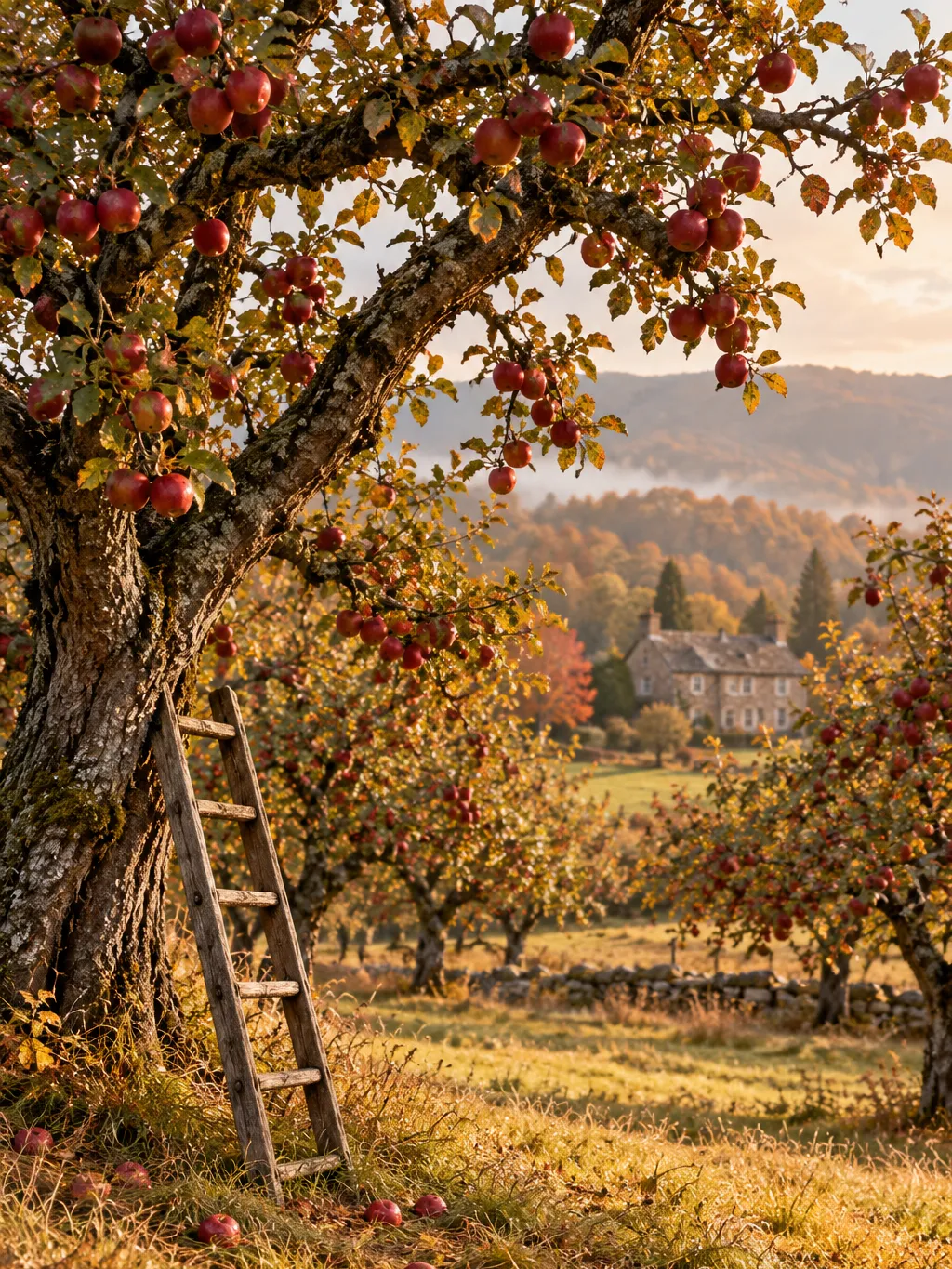 An old apple orchard in autumn with gnarled trees heavy with red apples