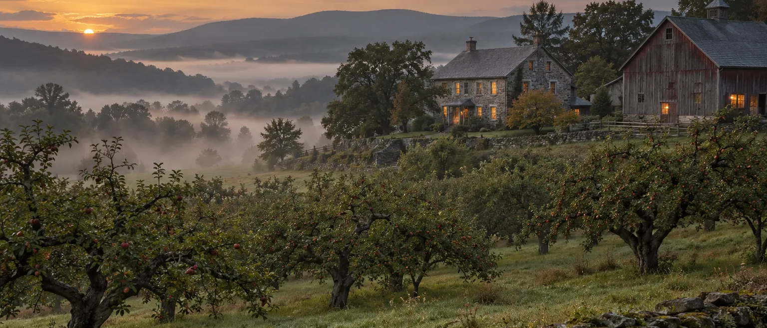Atmospheric photograph of a restored 1840s stone farmhouse and red-grey timber barn on a gentle hill above an old…