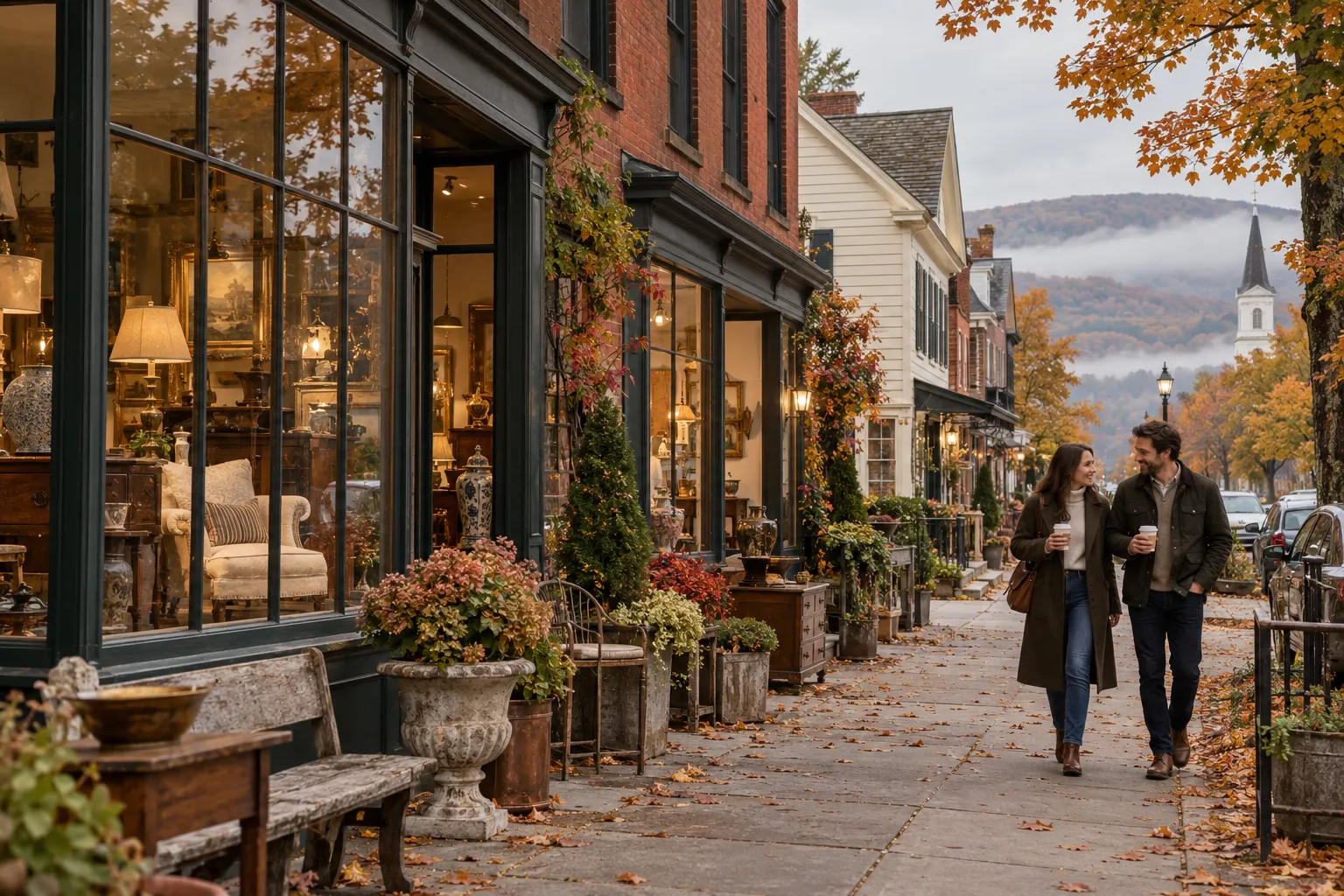 Photograph of a historic small-town main street in the Hudson Valley lined with brick and clapboard buildings,…