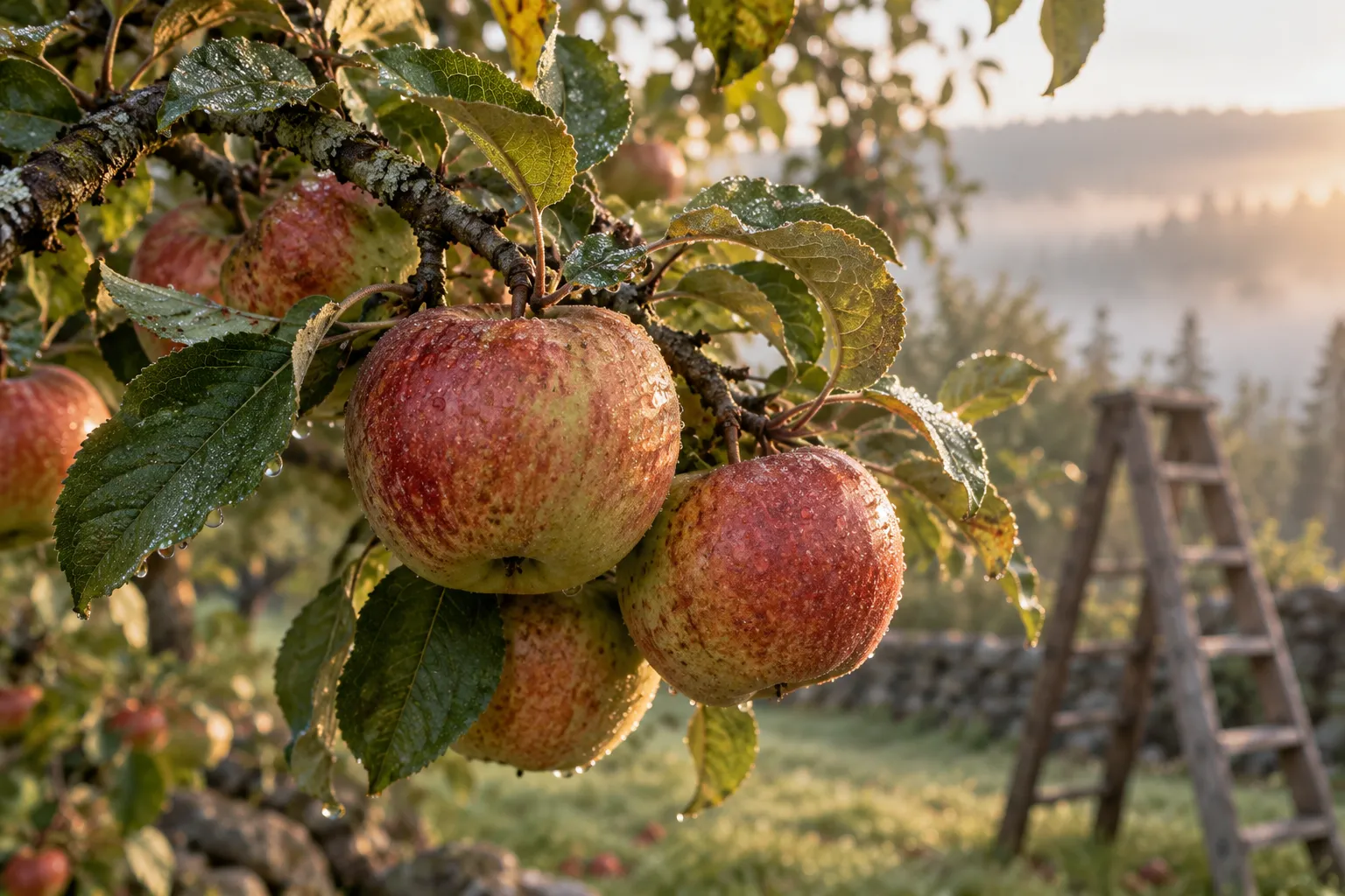 Close photograph of a branch of heritage apples with russet and red skins hanging on an old tree, dew on the leaves,…