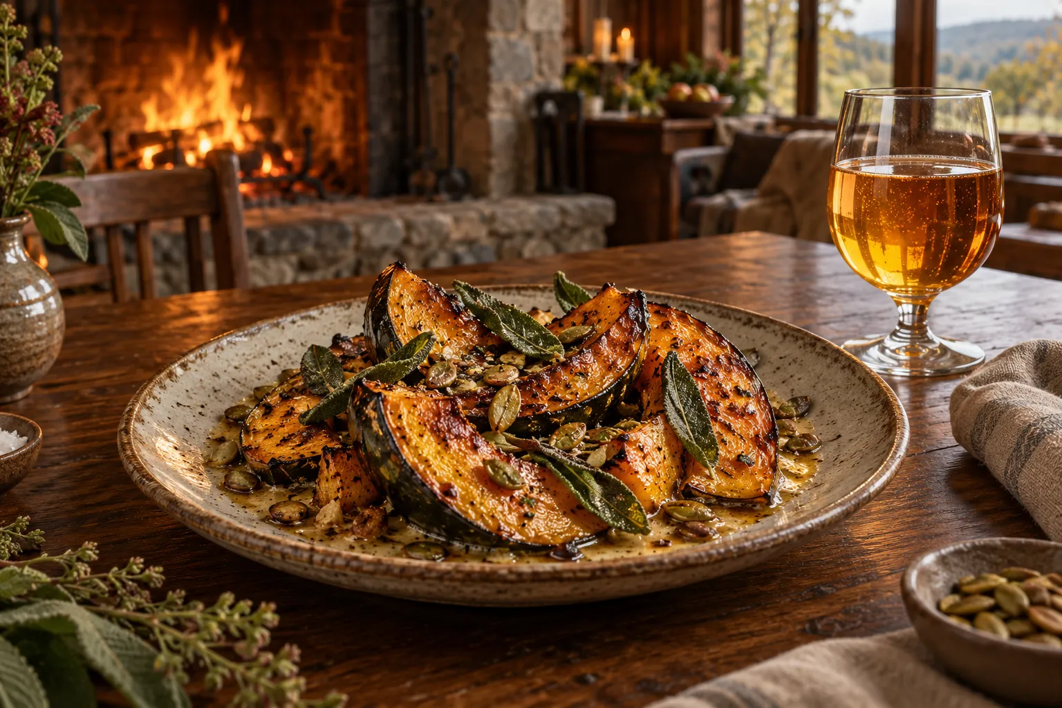 Photograph of a rustic plate of ember-roasted squash with brown butter, sage and toasted seeds on a walnut table by…