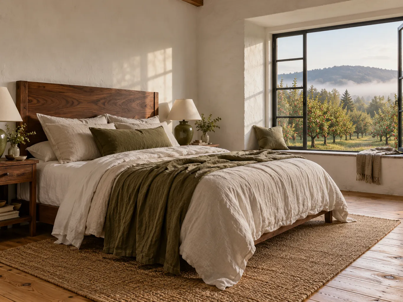 Photograph of a serene boutique hotel bedroom with a queen bed dressed in crumpled natural linen, a handmade walnut…