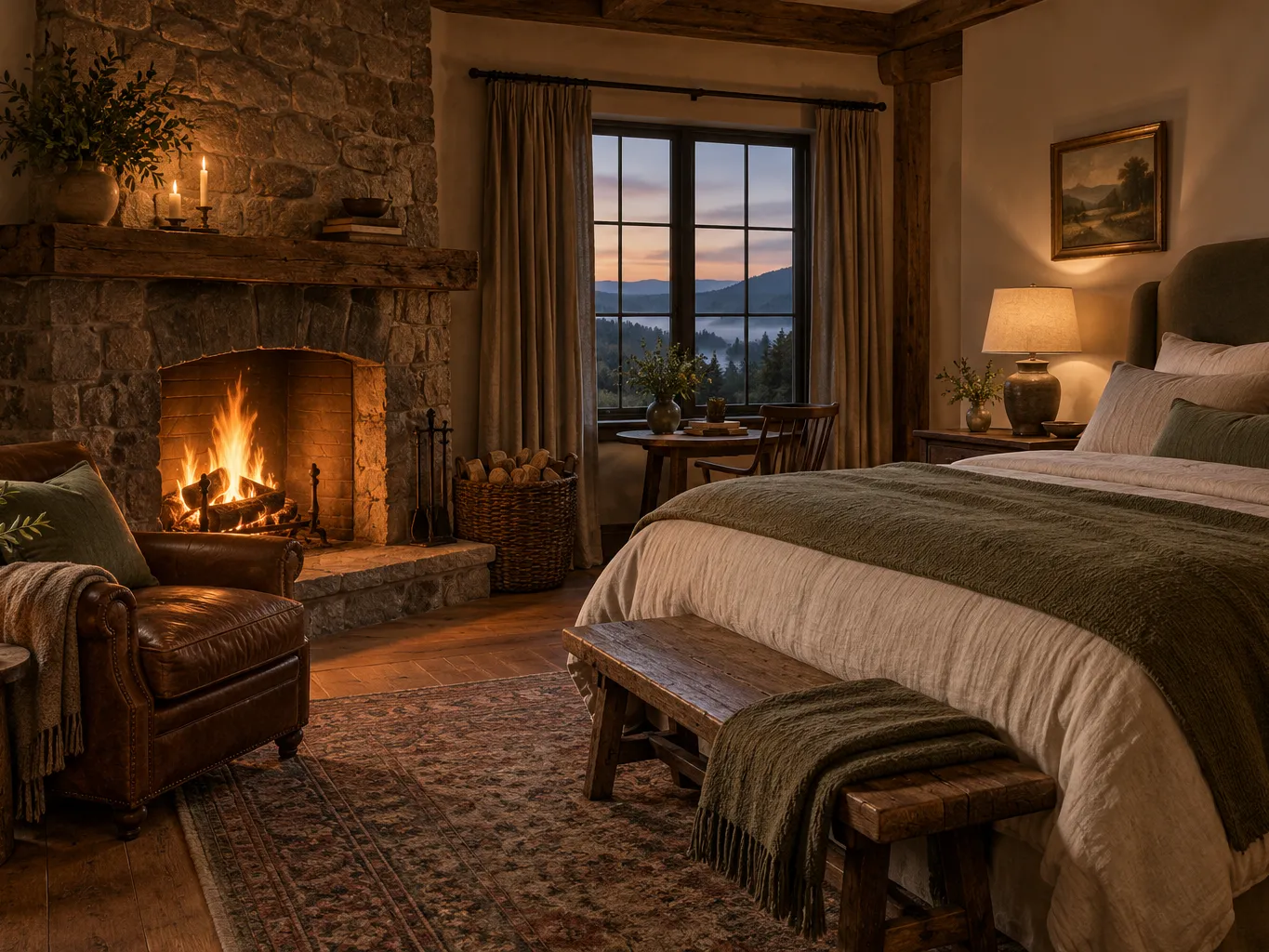Photograph of a cosy king bedroom in a country hotel with a lit wood-burning fireplace in a stone surround, a king…