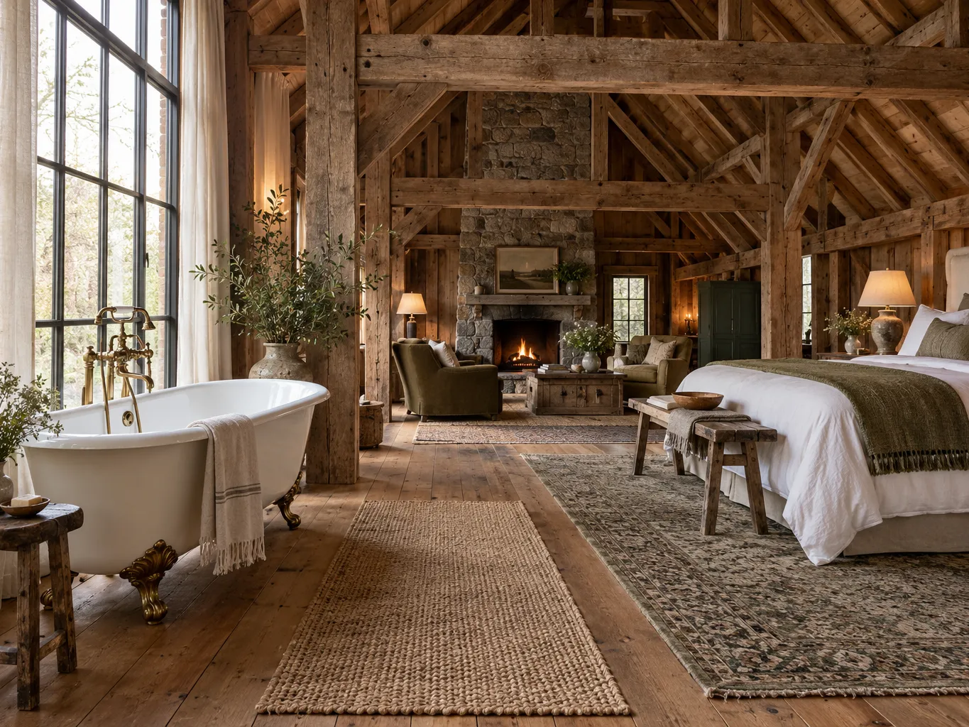Photograph of a spacious hayloft suite inside a restored timber barn with exposed hand-hewn beams, a freestanding…