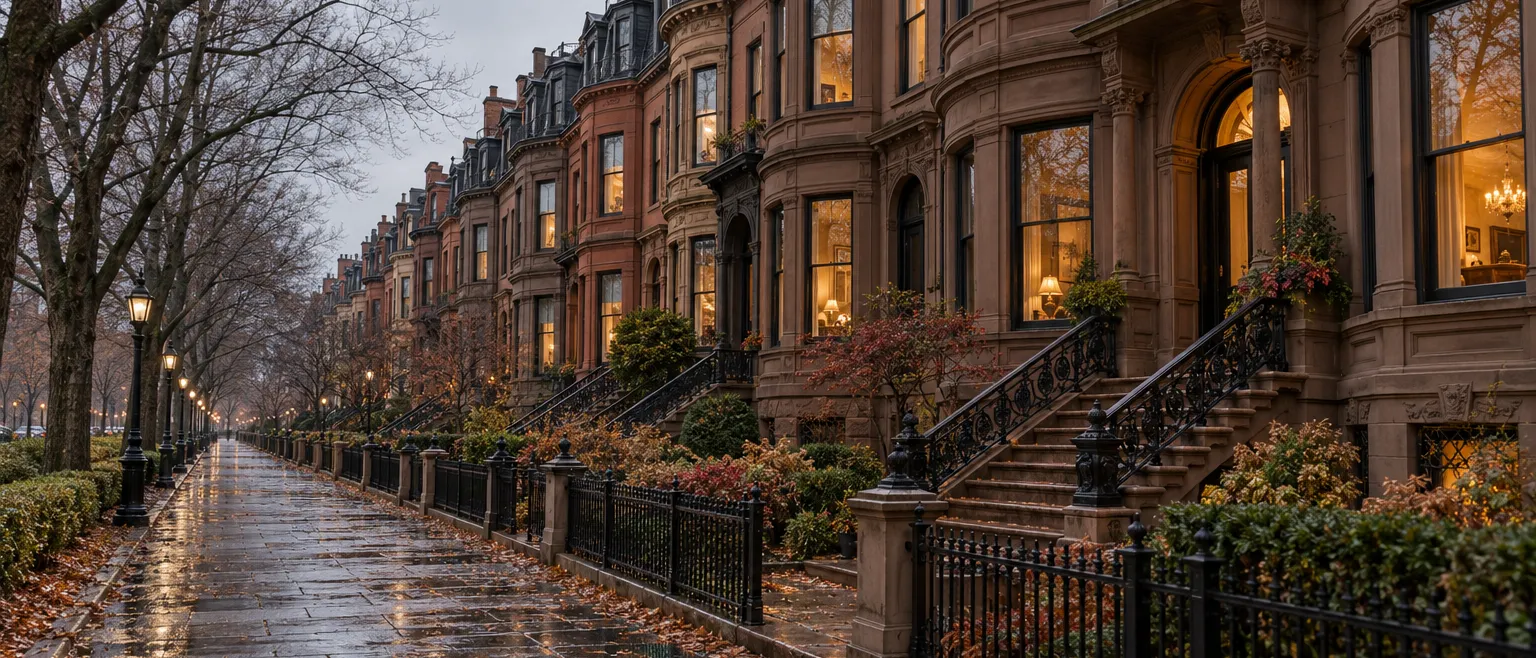 Exterior view of a row of 19th-century Back Bay brownstones on Commonwealth Avenue in late autumn, bare elm trees on…