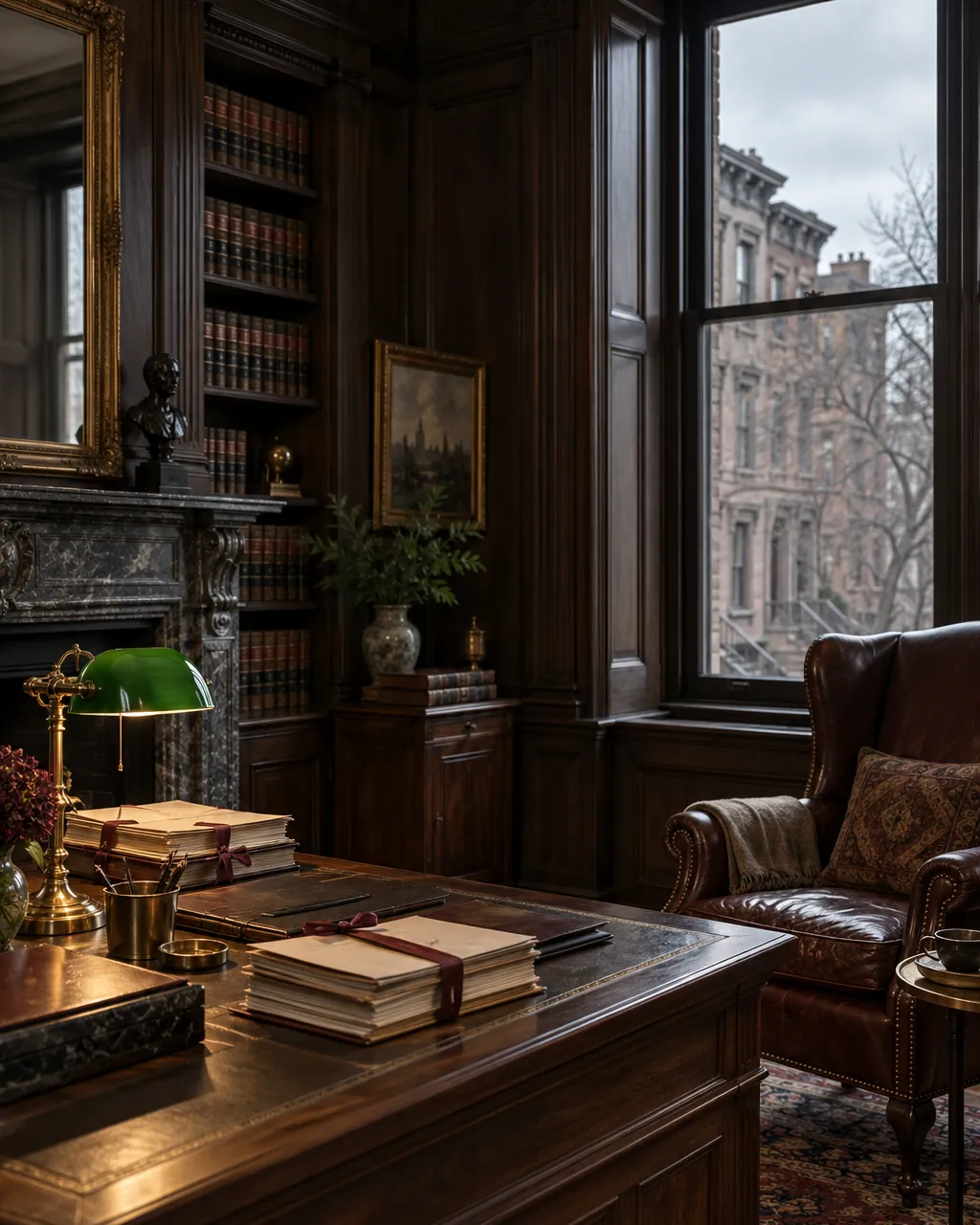 A lawyer's private office in a restored brownstone, dark wood panelling, a green-shaded brass banker's lamp, stacks…