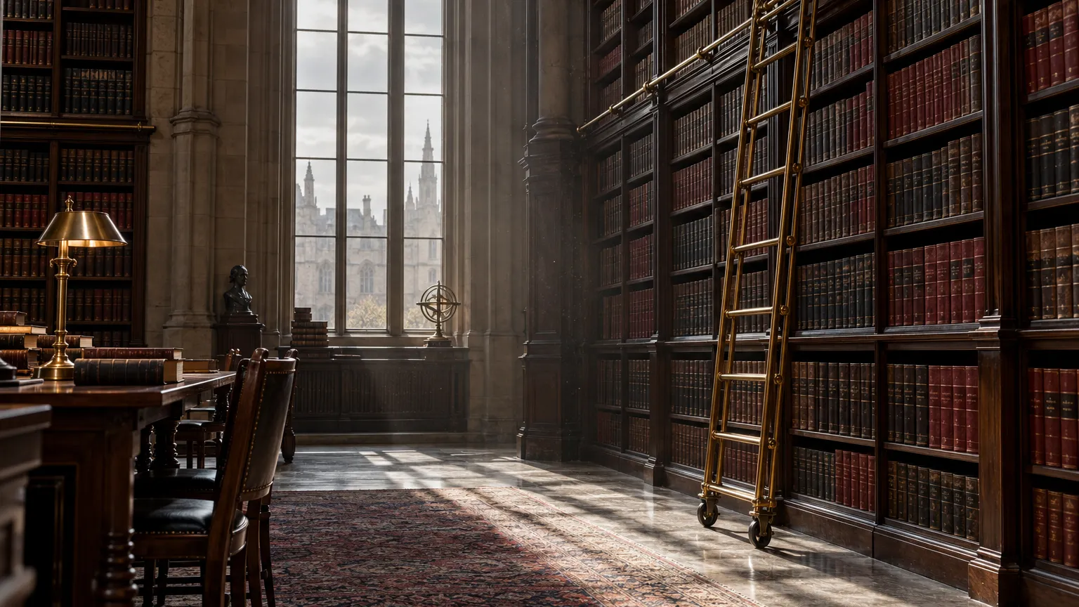 Atmospheric photograph of a law library with rows of dark wooden shelves filled with bound legal volumes, rolling…