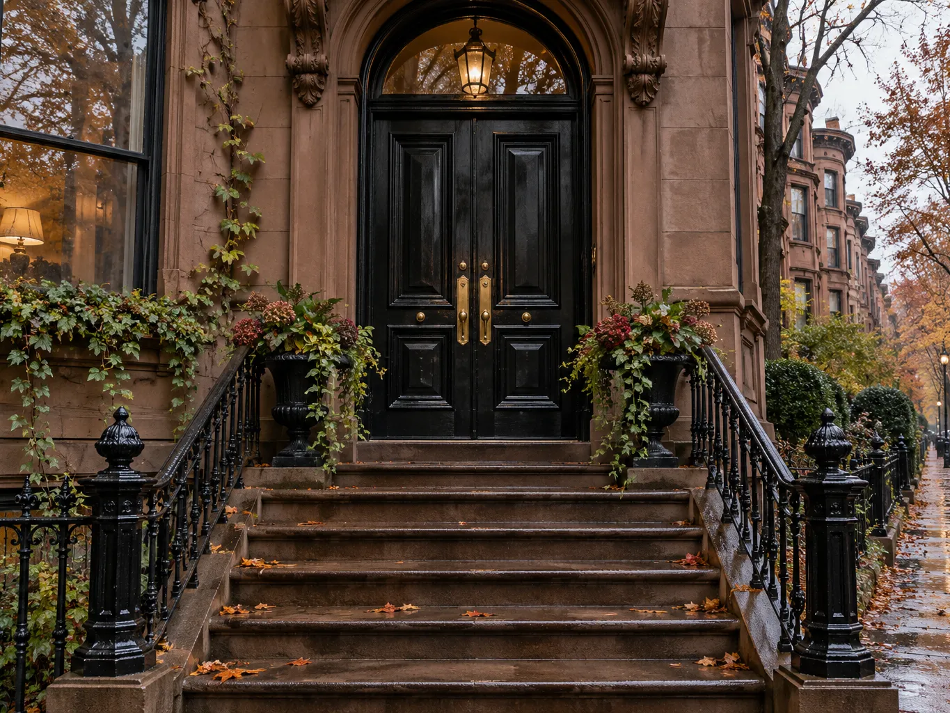Entrance of a restored 1890s brownstone on Commonwealth Avenue, Boston, heavy black lacquered door with brass…