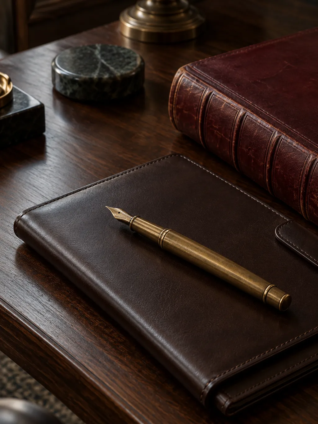 Still life detail of a lawyer's desk, dark walnut surface, a brass fountain pen resting on a closed leather…