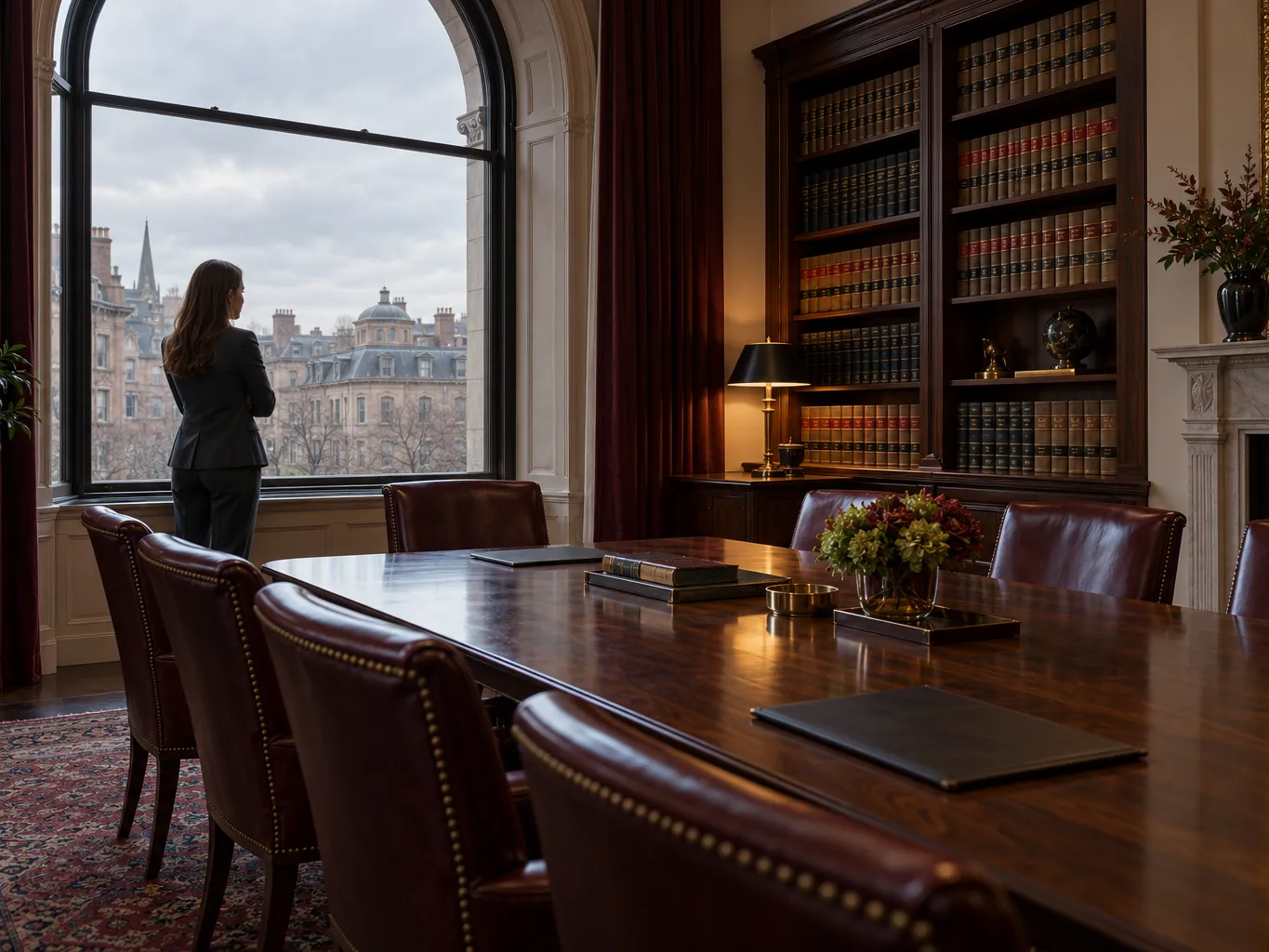 Editorial photograph of a quiet law firm conference room in a Back Bay brownstone, long dark walnut table, leather…