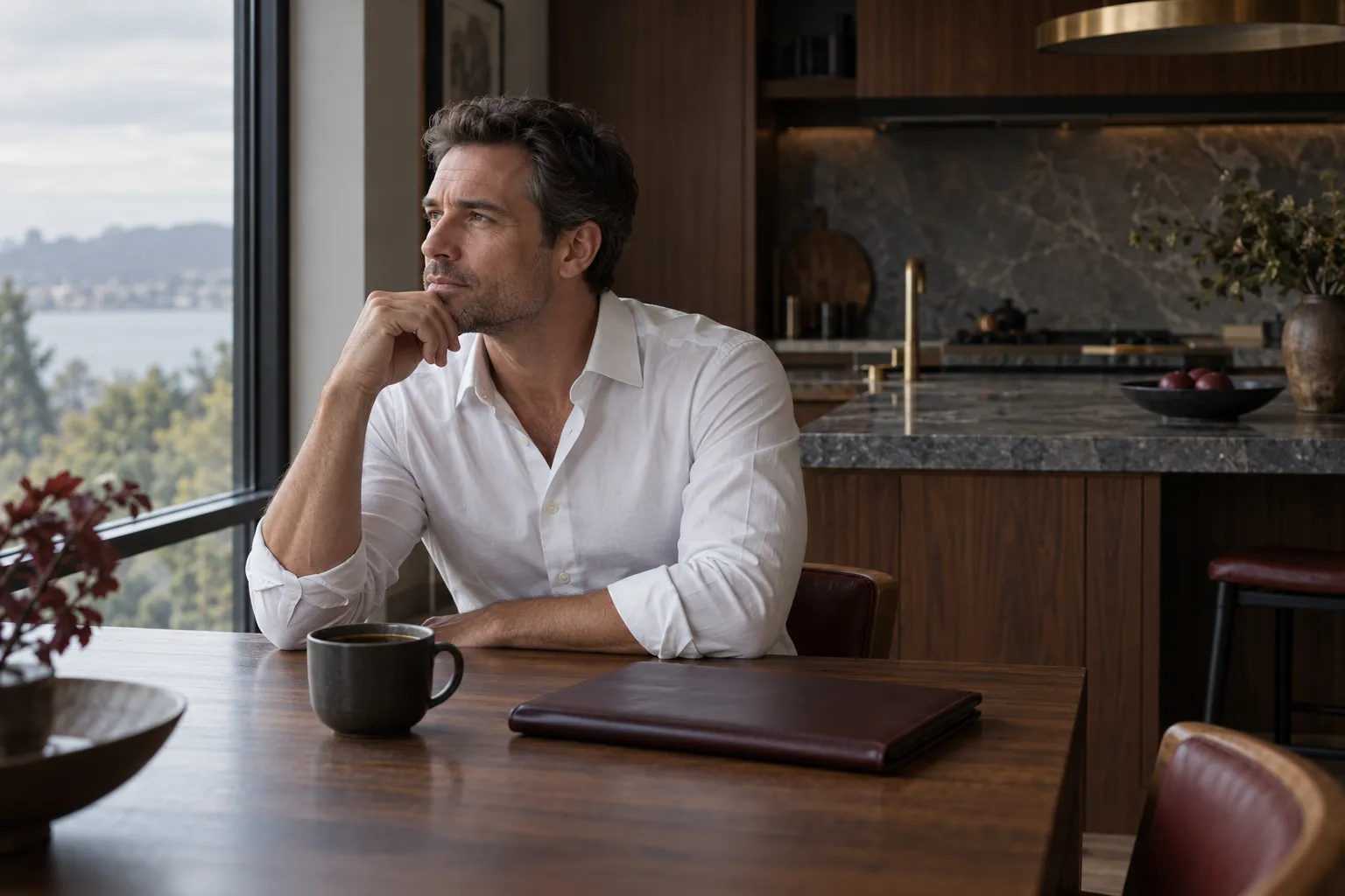 Man in his forties in a white shirt seated at a kitchen table by a window in early morning, thinking, a closed…