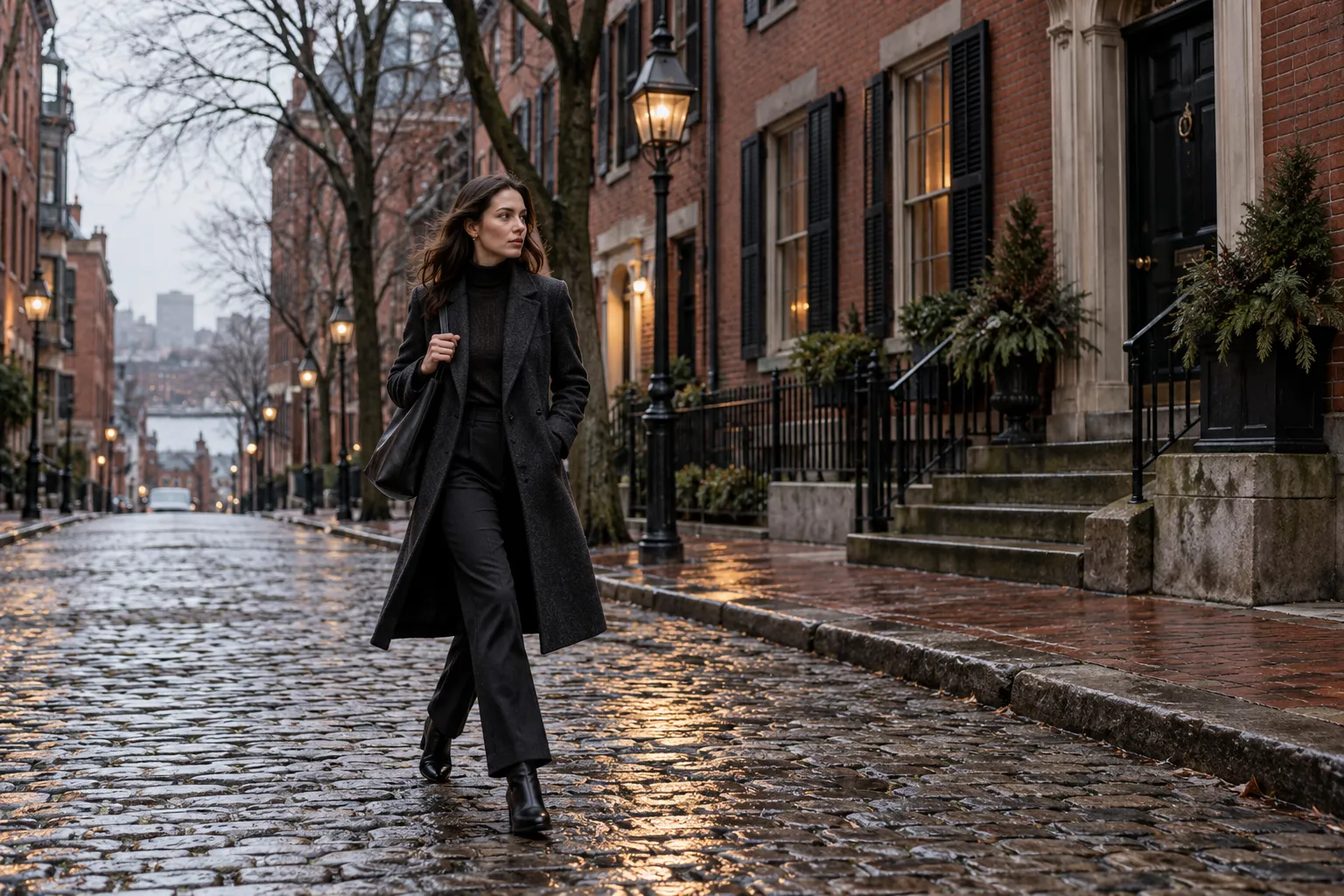 Woman in a dark coat walking across a quiet Boston street with brick buildings and bare trees, overcast light, wet…
