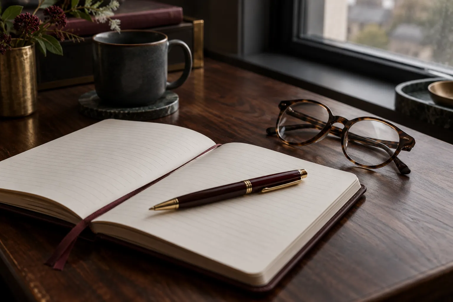 Close still life of a plain notebook with a pen and reading glasses on a dark walnut desk beside a window, overcast…