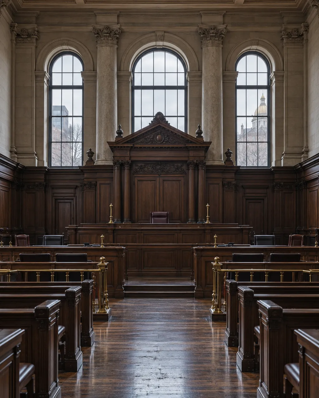 Empty historic courtroom in Boston, carved dark wood benches and judge's bench, brass rails, tall windows with pale…