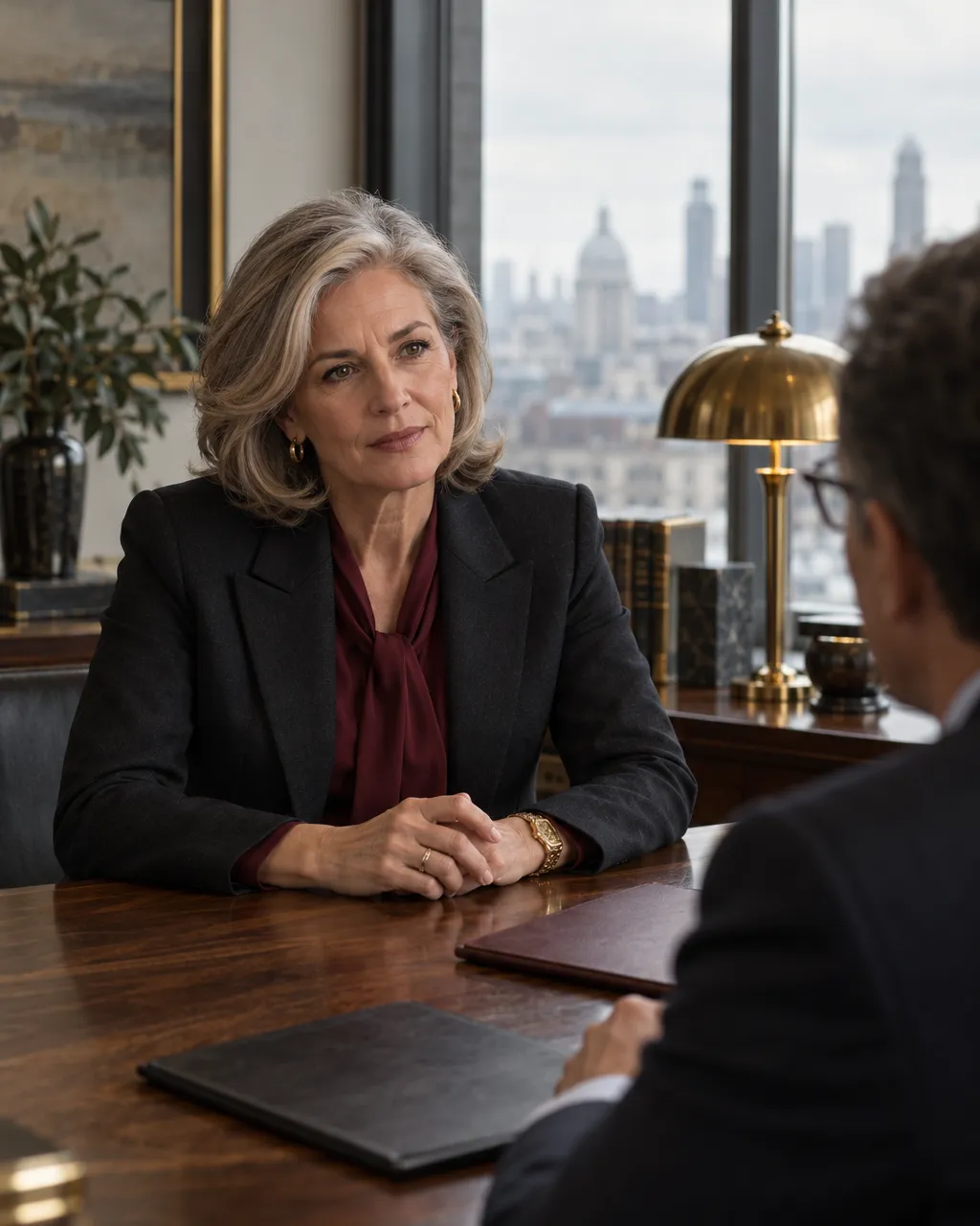 A senior businesswoman in her fifties in a dark suit seated across a walnut table from a lawyer, mid-conversation,…