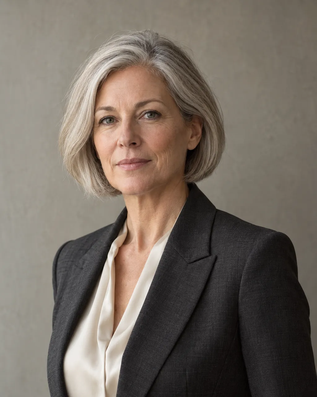 Professional portrait of a white woman lawyer in her mid fifties with silver bob haircut, charcoal tailored suit and…