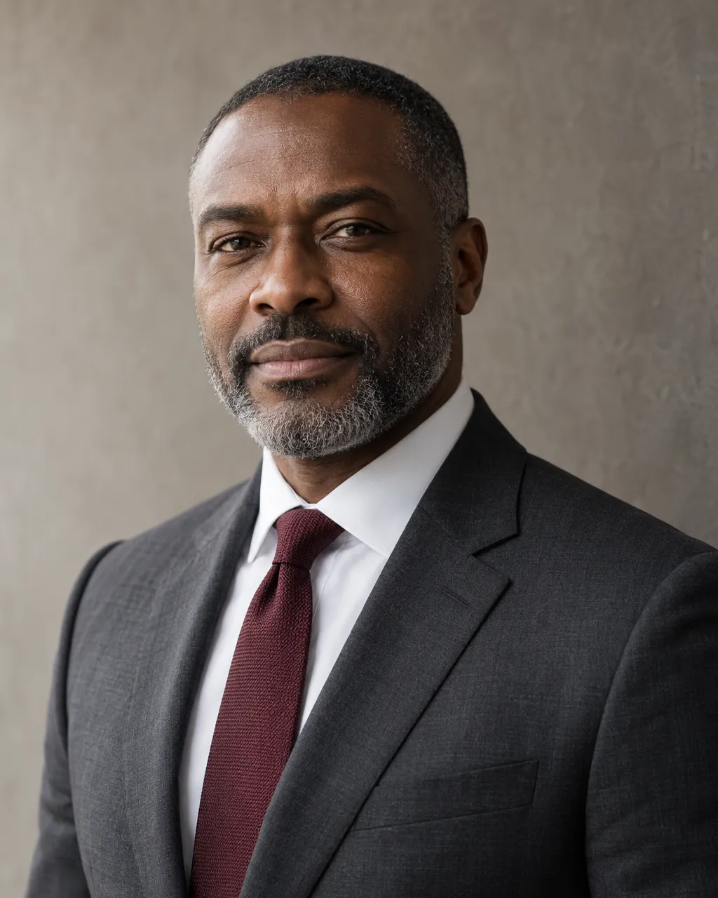Professional portrait of a Black man lawyer in his late forties with close-cropped hair and short grey-flecked…