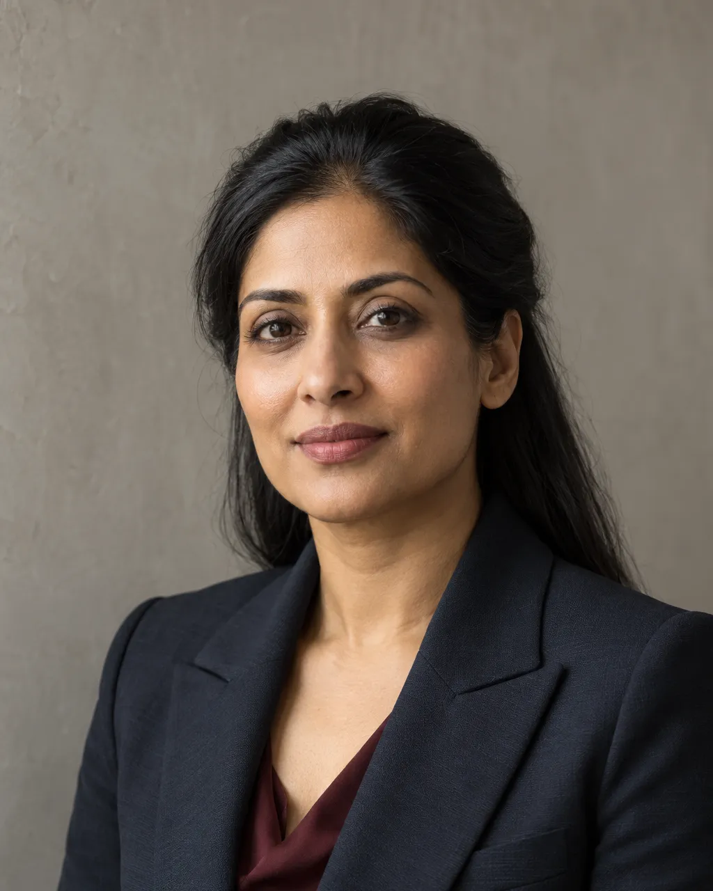 Professional portrait of a South Asian woman lawyer in her early forties with long dark hair worn back,…