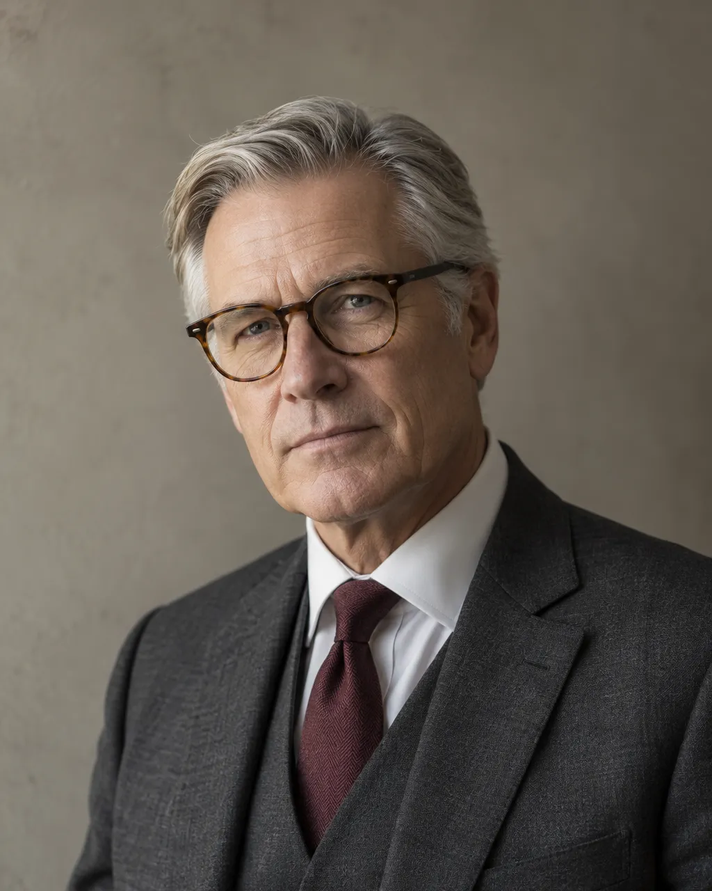 Professional portrait of a white man lawyer in his early sixties with neatly combed grey hair and tortoiseshell…