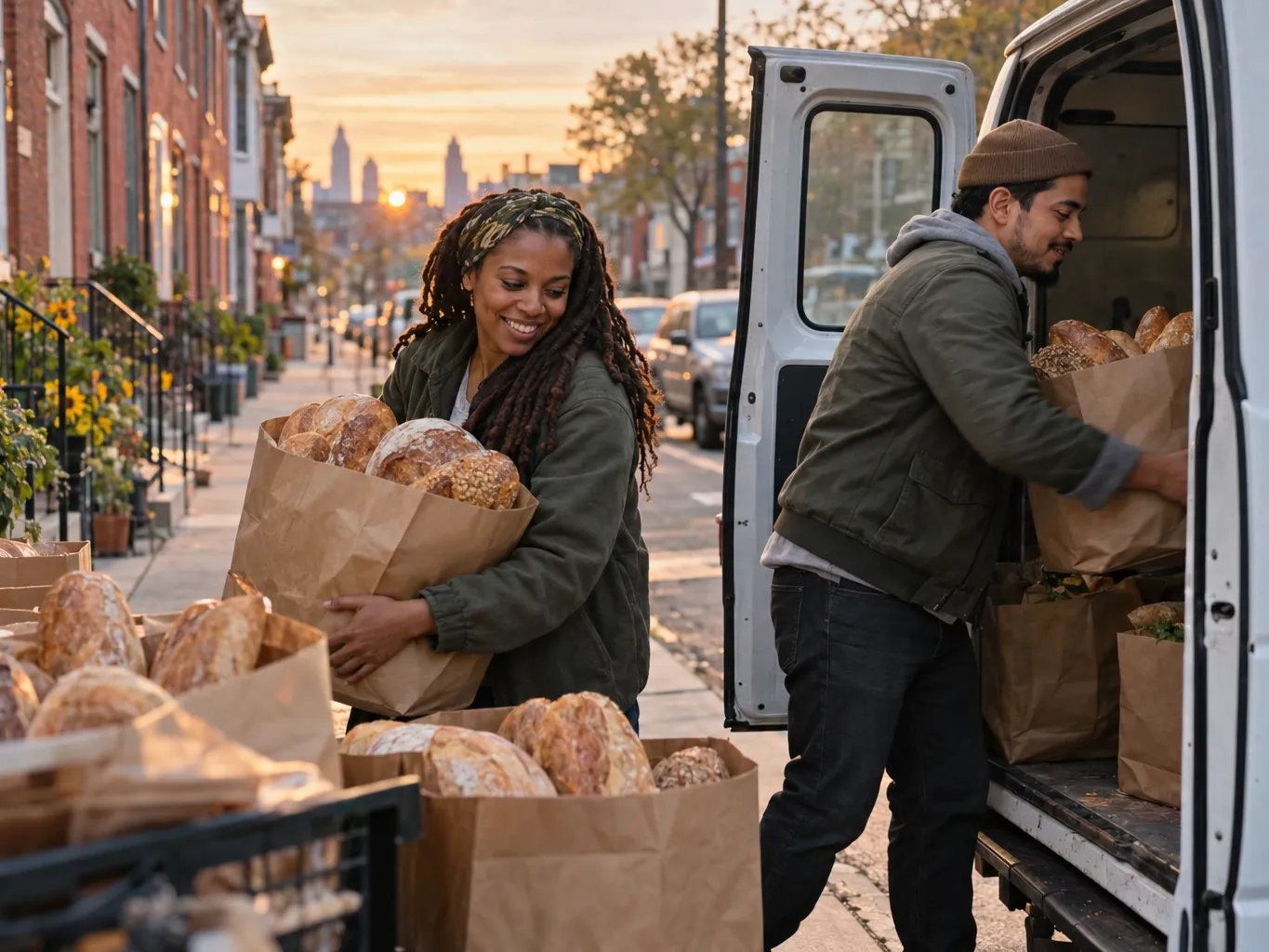 Nostalgic documentary photo of two co-founders, a Black woman and a Latino man in their thirties, loading paper bags…