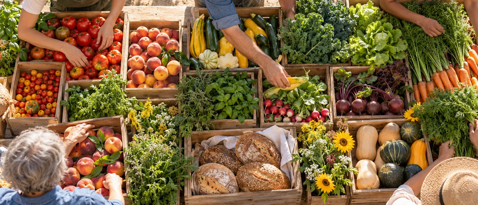 Overhead-angle photo of a long harvest table lined with wooden crates of colourful produce, tomatoes, peaches,…