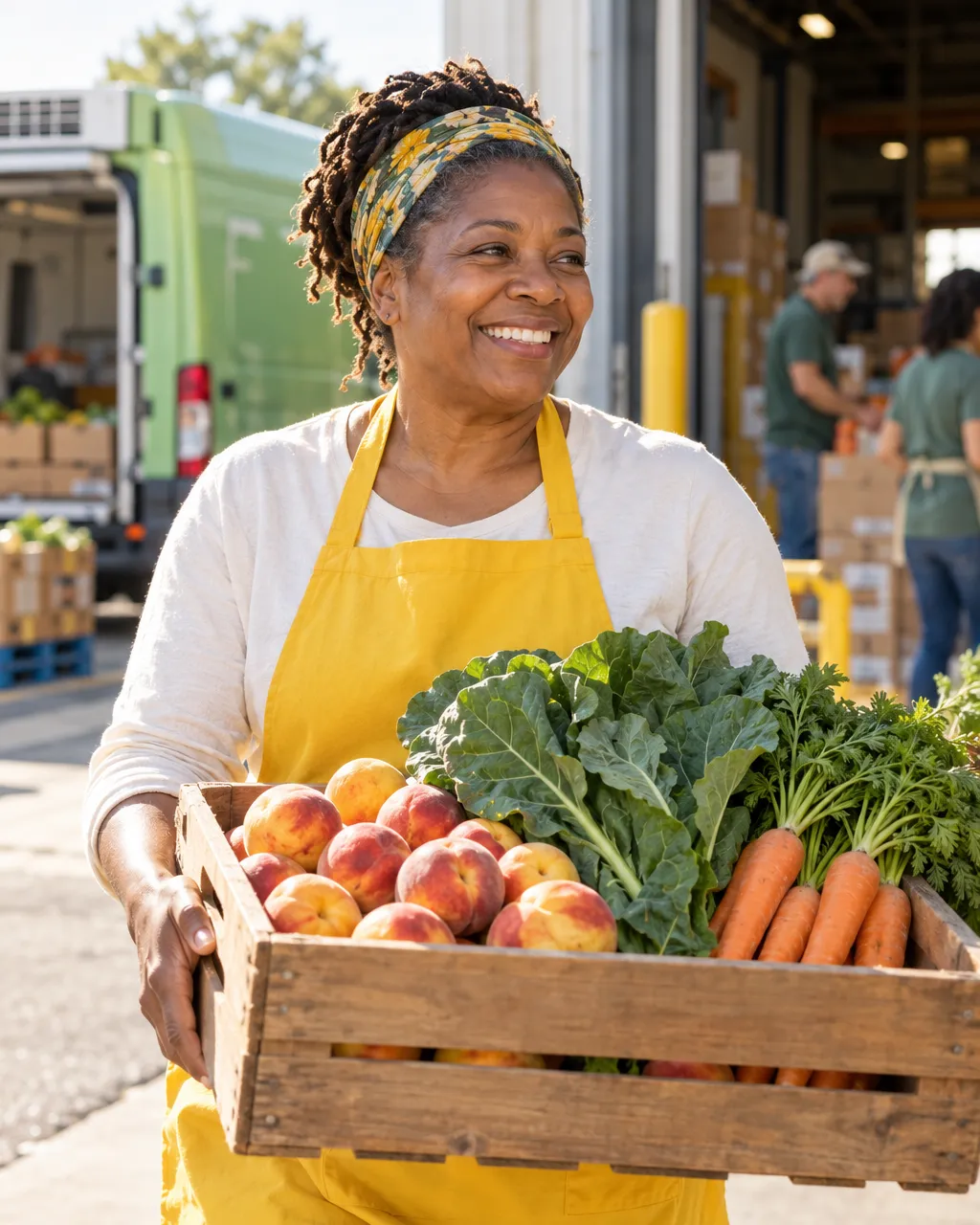 Editorial photo of a smiling middle-aged Black woman volunteer in a sunflower-yellow apron carrying a wooden crate…