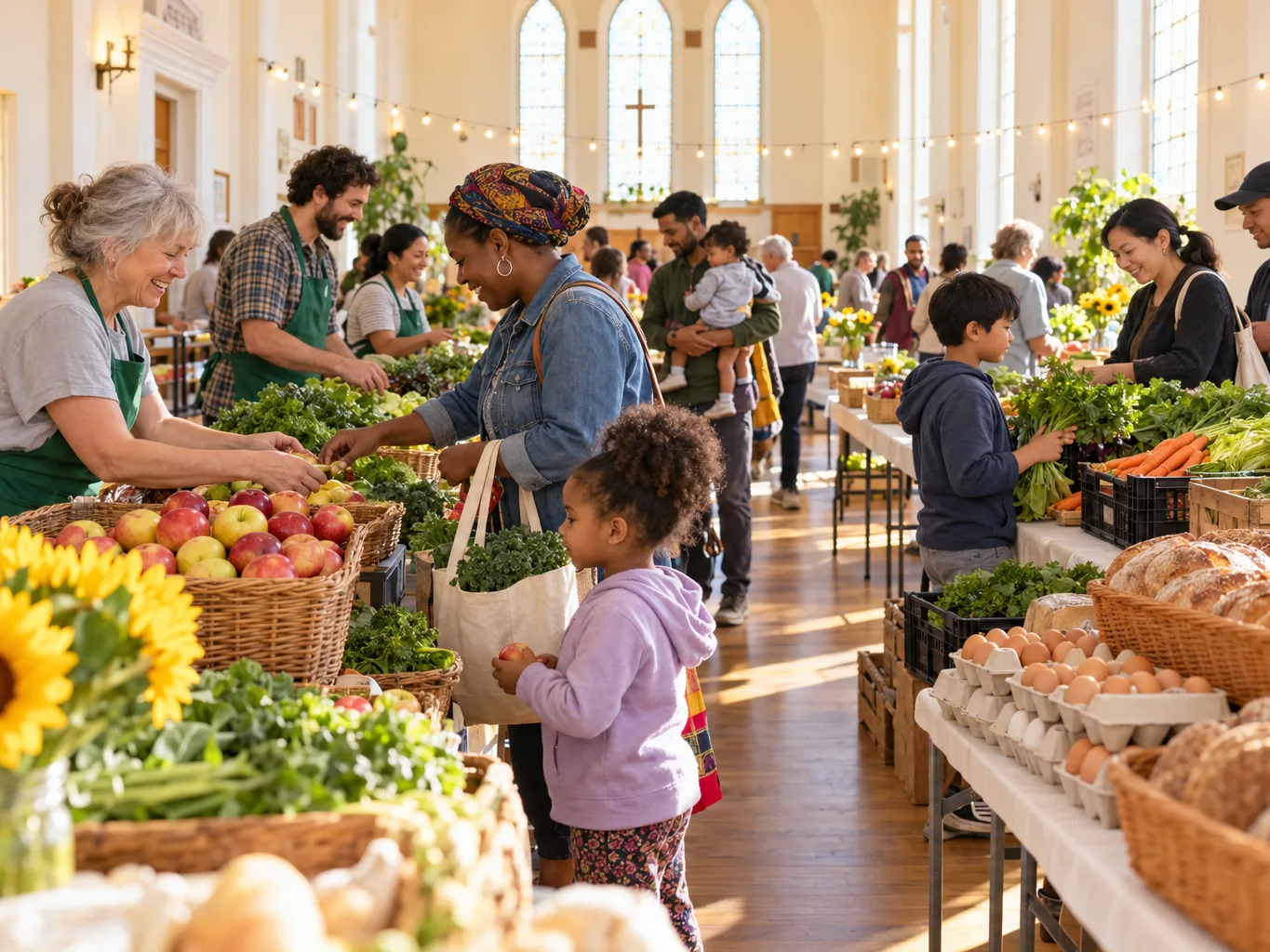 Candid photo of a free community farmers market set up inside a bright church hall, long tables with woven baskets…