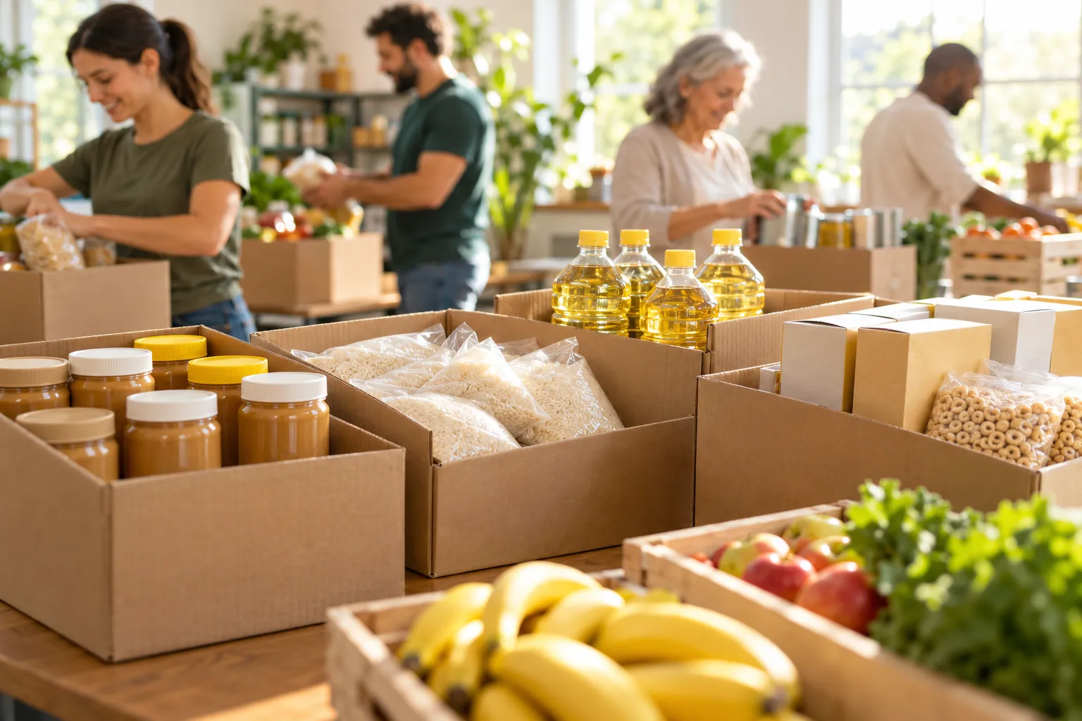 Cardboard donation boxes filled with peanut butter jars, rice bags, cooking oil and cereal on a sunlit office table,…