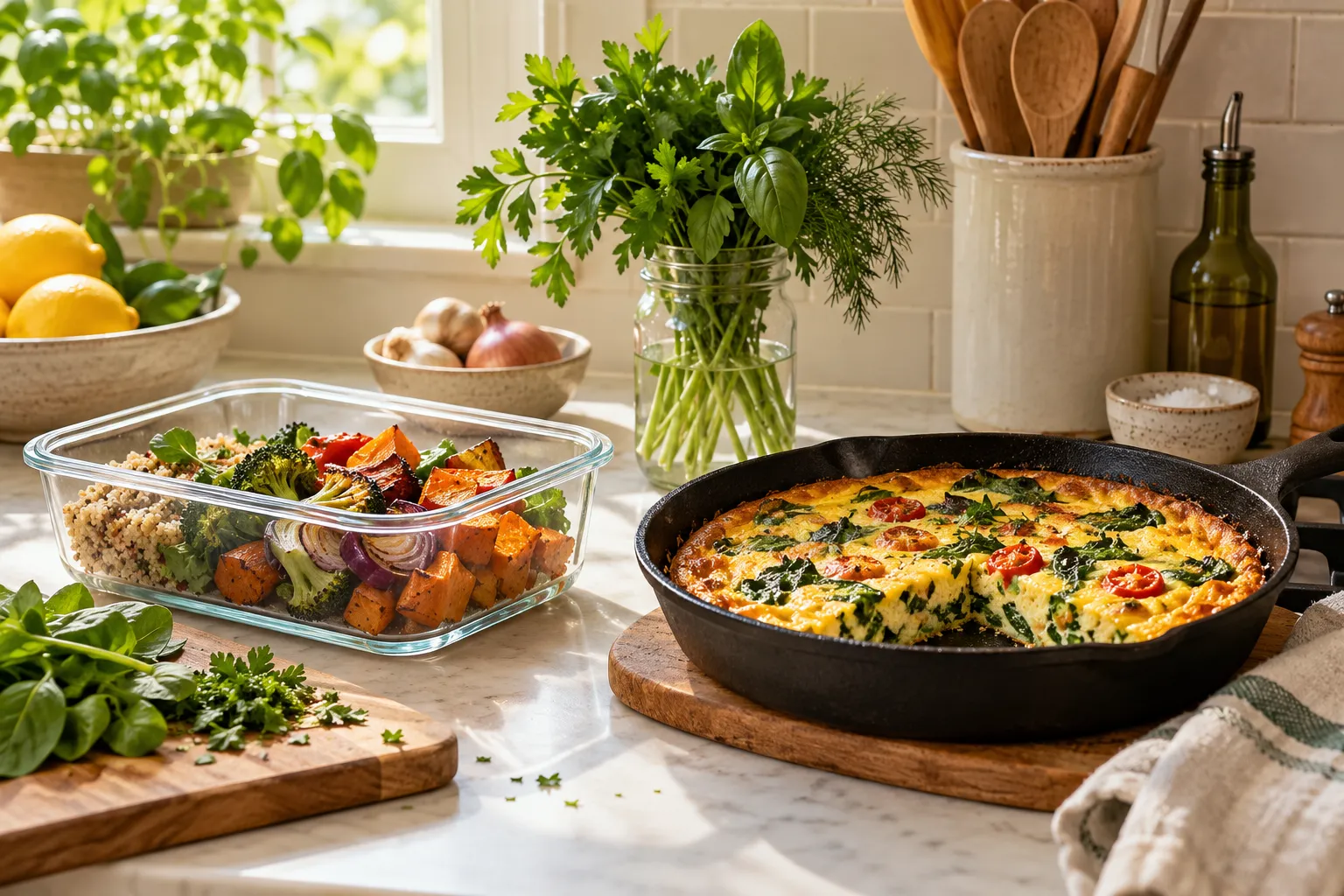 Home kitchen counter with a clear glass container of half vegetables and leftovers, a frittata in a cast iron pan,…