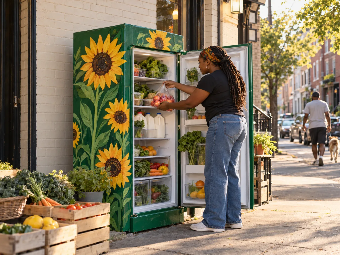 Painted community fridge on a Philadelphia sidewalk outside a brick rowhouse corner shop, the fridge painted leaf…