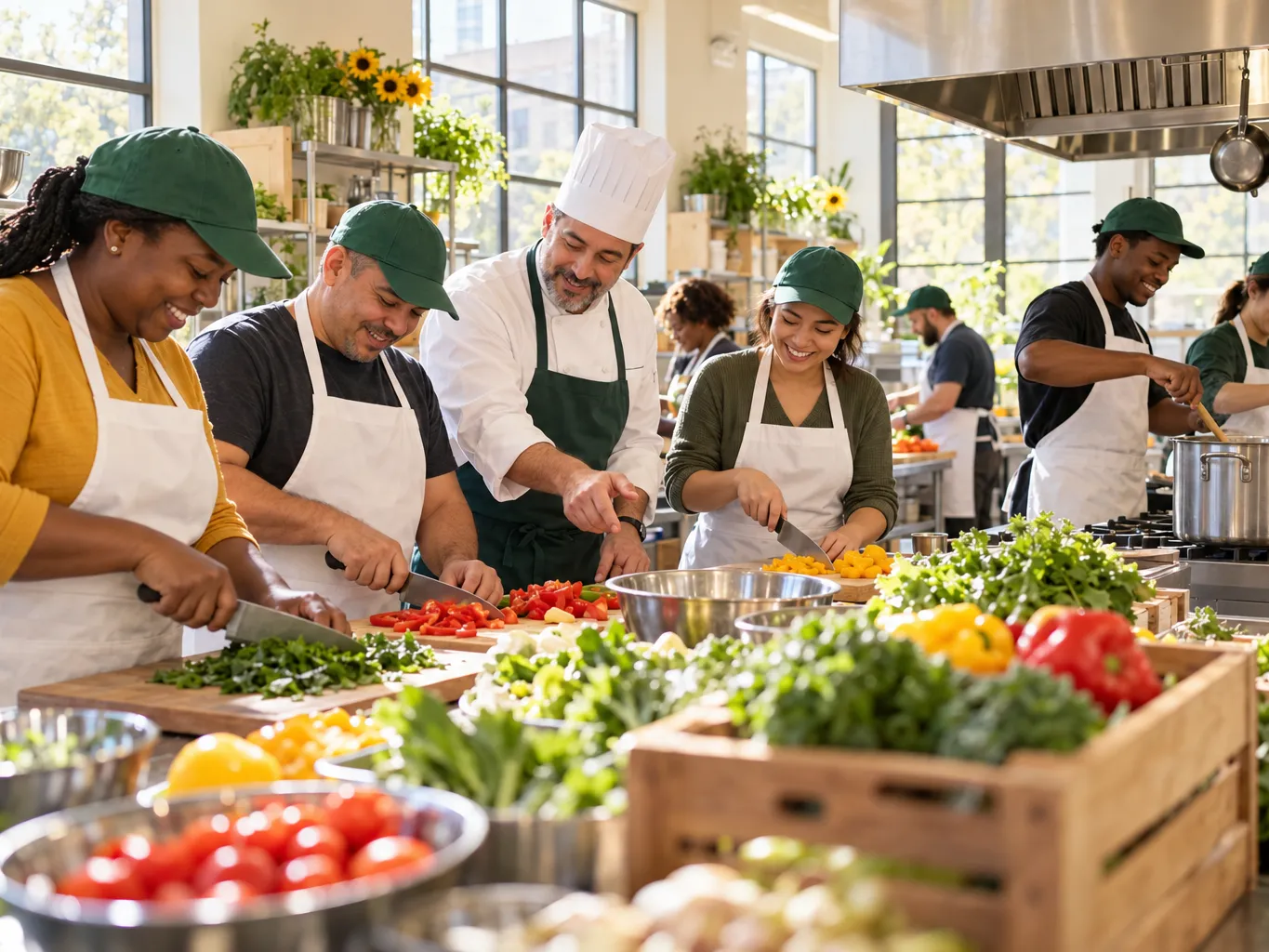 Bright community teaching kitchen with diverse trainee cooks in white aprons and green caps chopping vegetables and…